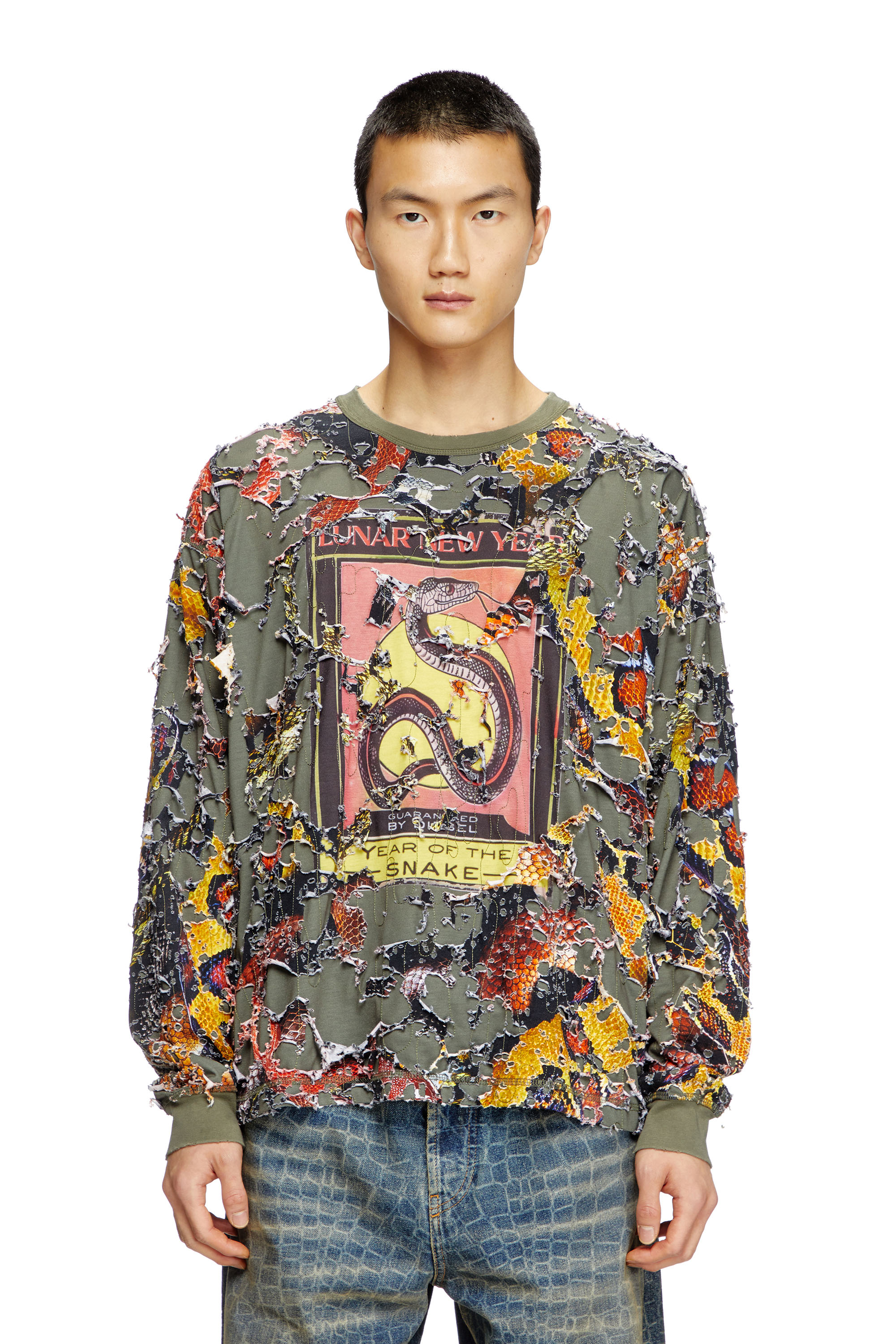 Diesel - CL-T-BOXT-LS-DEVOR-SNAKE, T-shirt à manches longues avec imprimé serpent effet destroy Mixte in Vert - 1