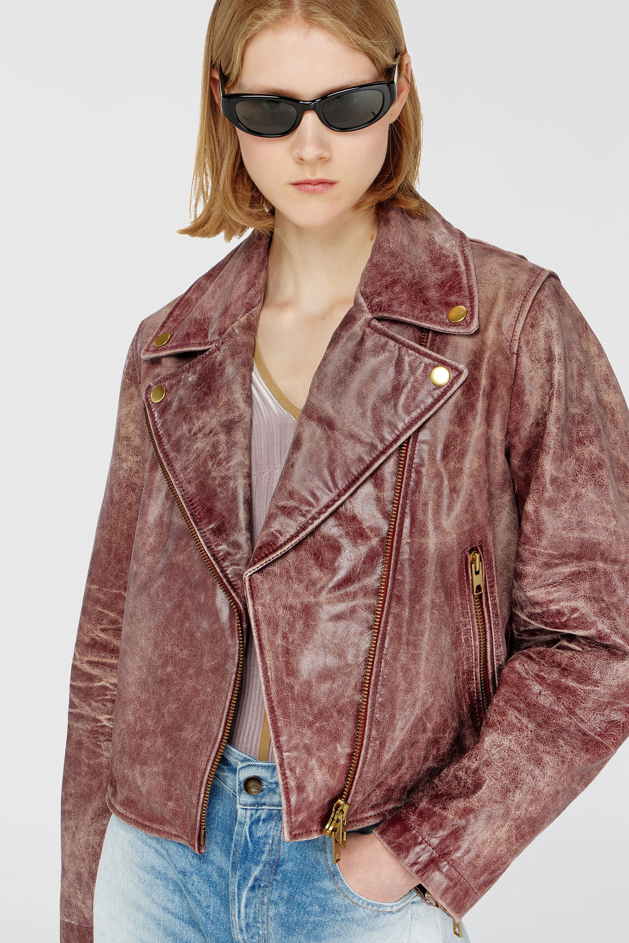 Diesel - L-UNATIC-T1, Woman's Biker jacket in treated leather in Brown - 4