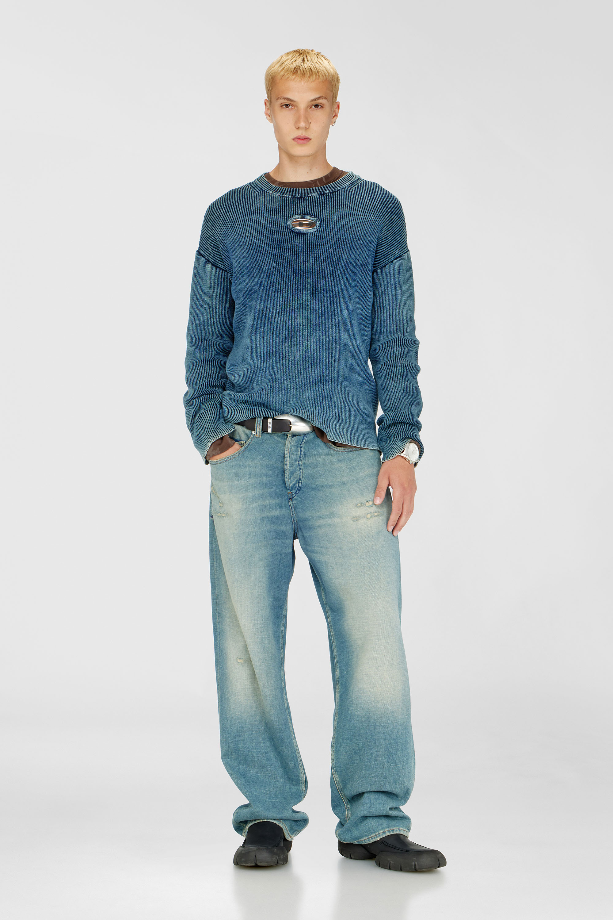Diesel - K-DARREN-D, Man's Cut-out ribbed jumper with Oval D plaque in Blue - 1