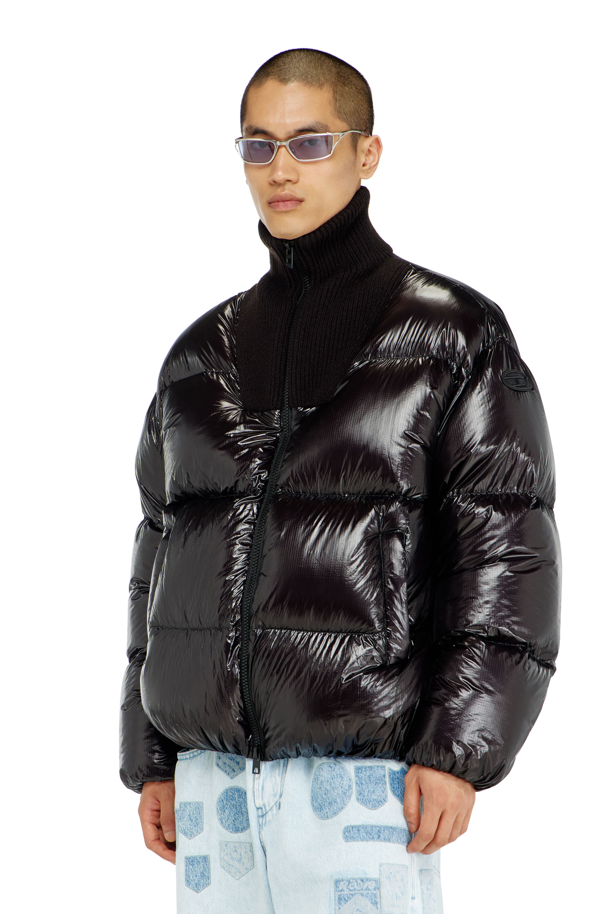 Diesel - W-RIBB, Male's Down puffer jacket in ripstop with ribbed collar in Black - 1
