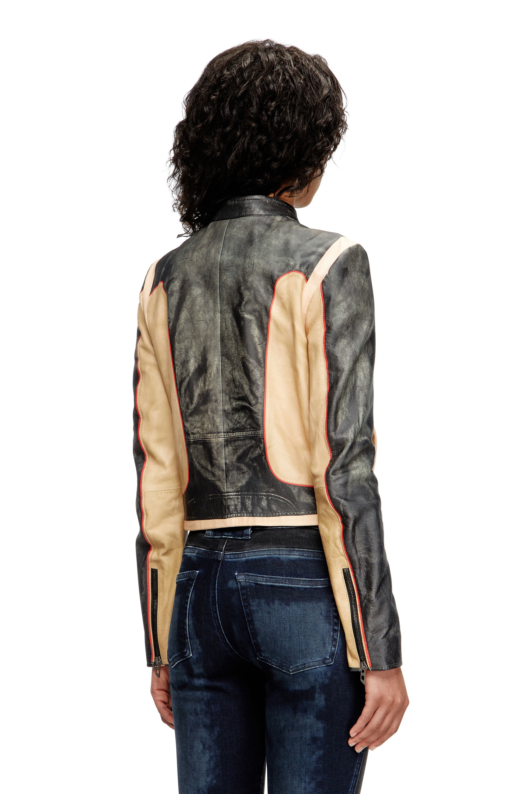 Diesel - L-OONIE, Female's Trompe l'oeil-effect leather biker jacket in Beige/Black - 3