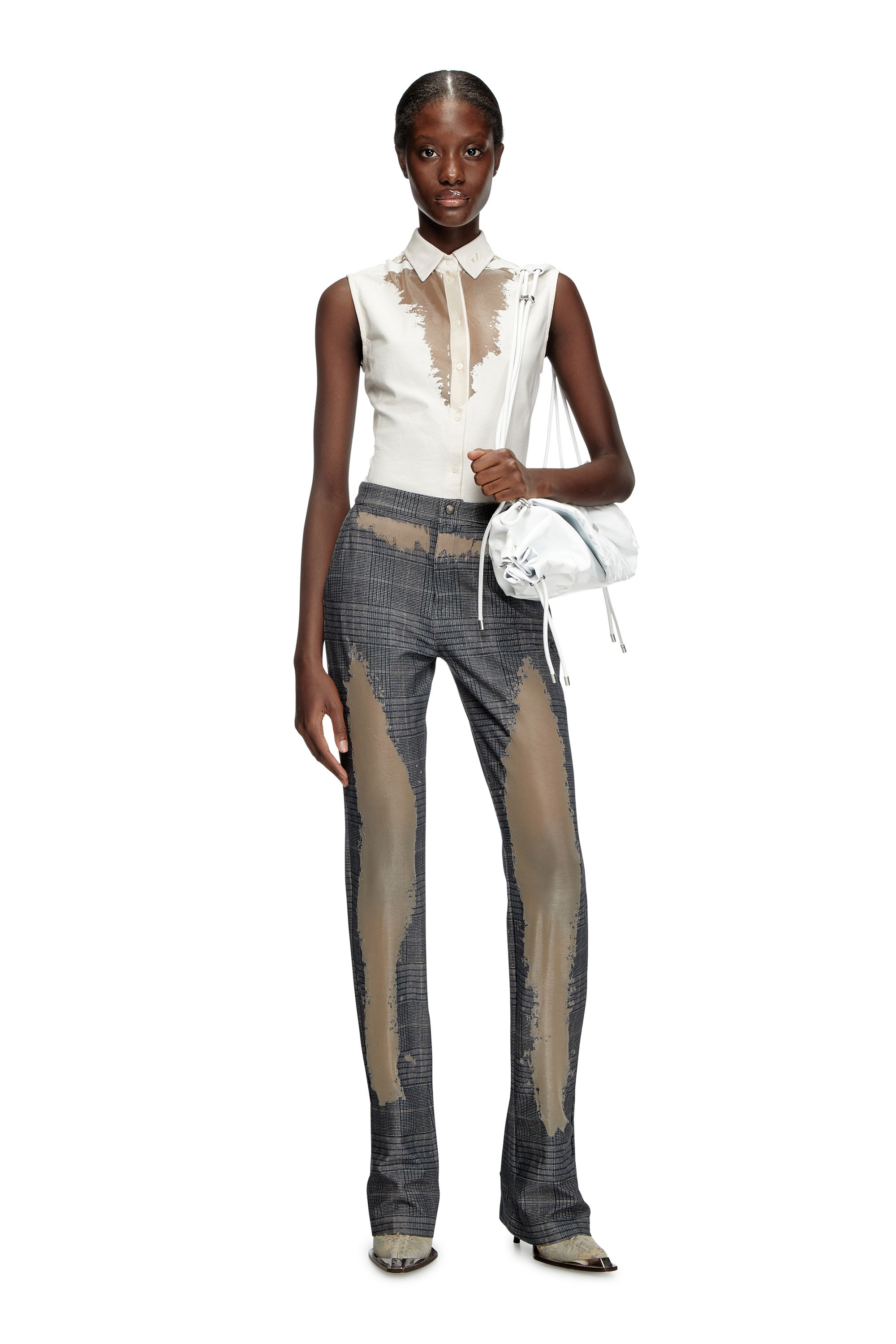 Diesel - P-MINERAL-P2, Woman's Checked pants with devor&eacute; sweat stains in Grey - 1