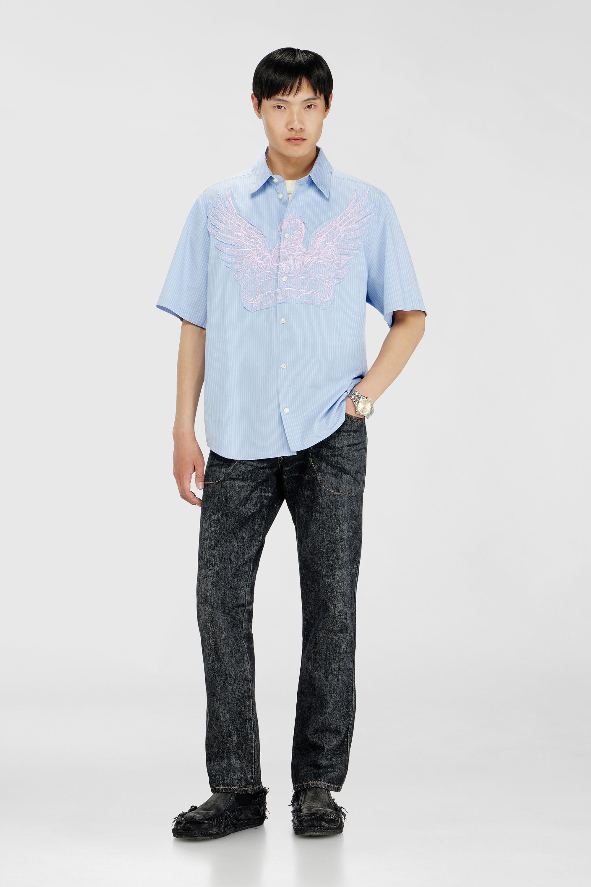 Diesel - S-SIMPLY-SS-AGCZ, Male's Striped poplin shirt with embroidered patch in Light Blue - 2