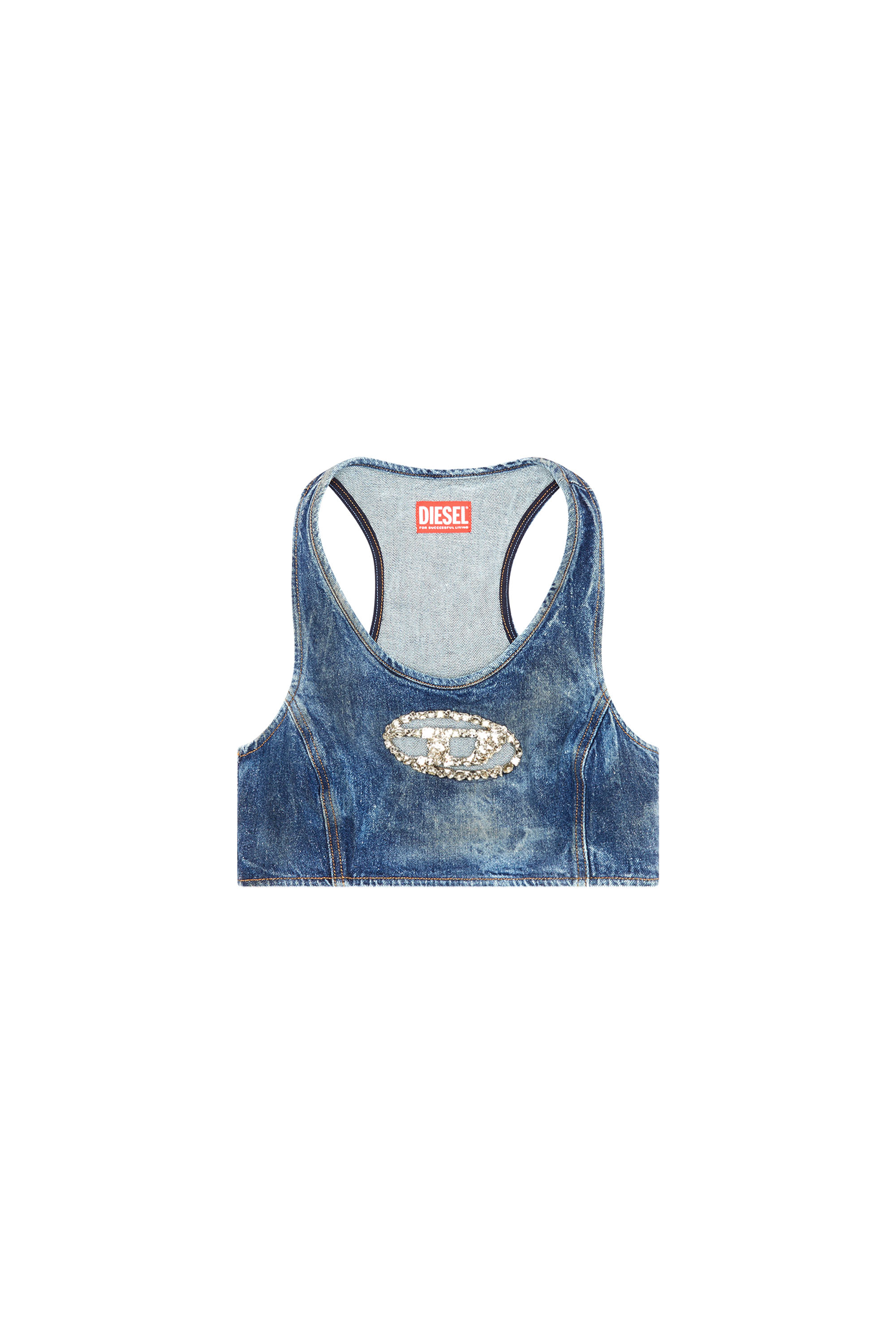 Diesel - DE-TOP-FSE, Female's Cropped denim top with crystal plaque in Dark Blue - 3