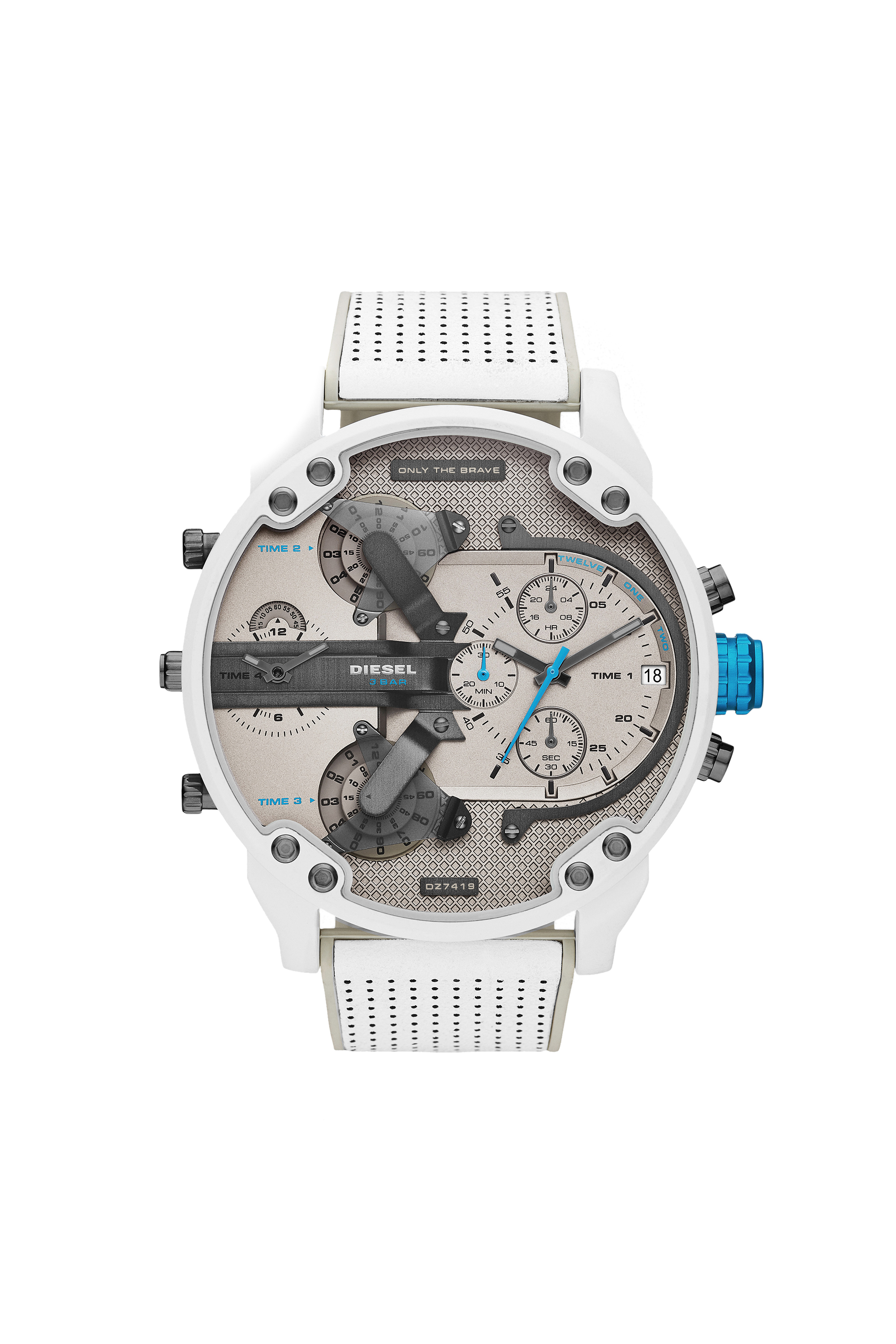 Diesel - DZ7419, Man's Mr. Daddy 2.0 chronograph leather watch in White/Blue - 1