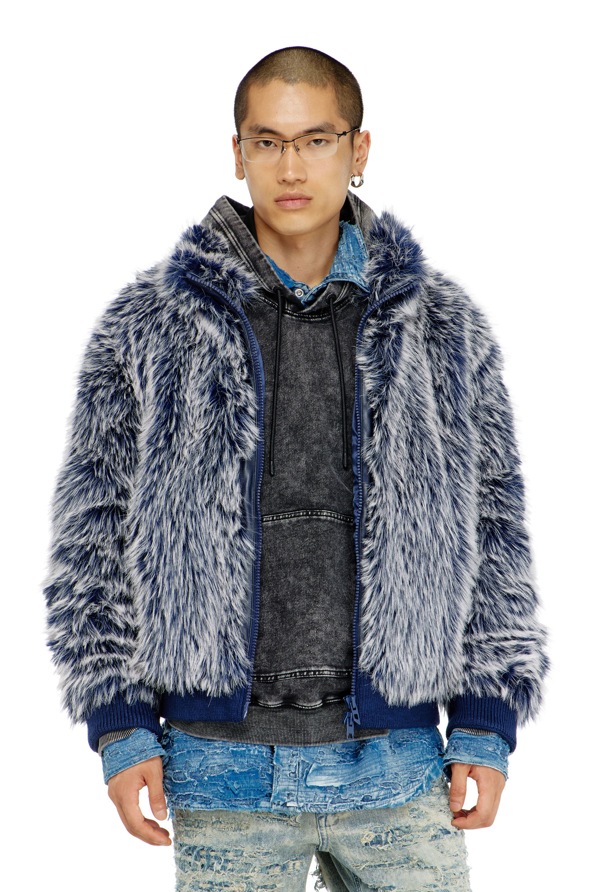 Diesel - W-VICTOR, Man's Shaggy winter jacket in Medium blue - 1