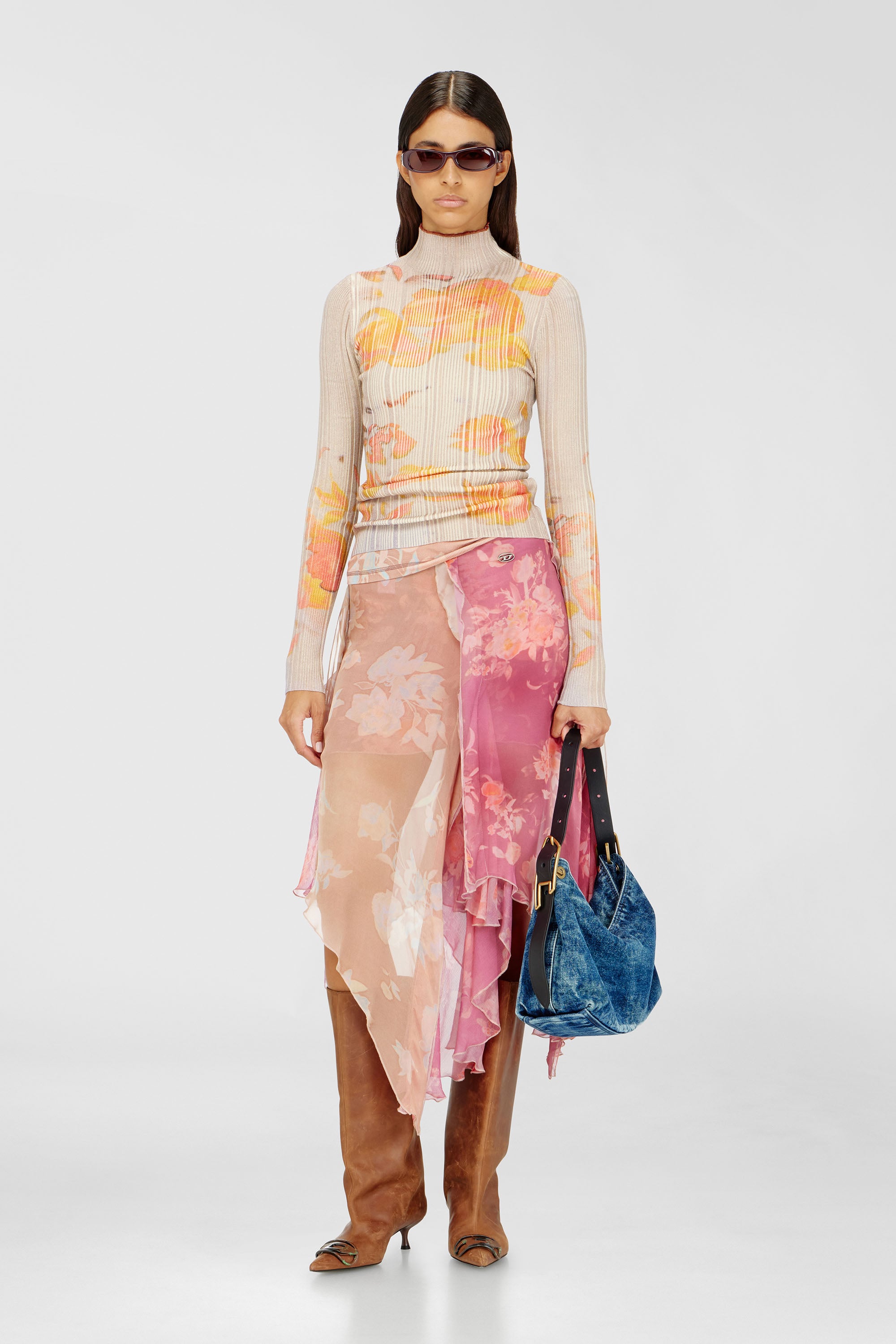 Diesel - O-RIZIA, Falda midi asim&eacute;trica de viscosa y seda con estampado floral Mujer in Rosa - 1