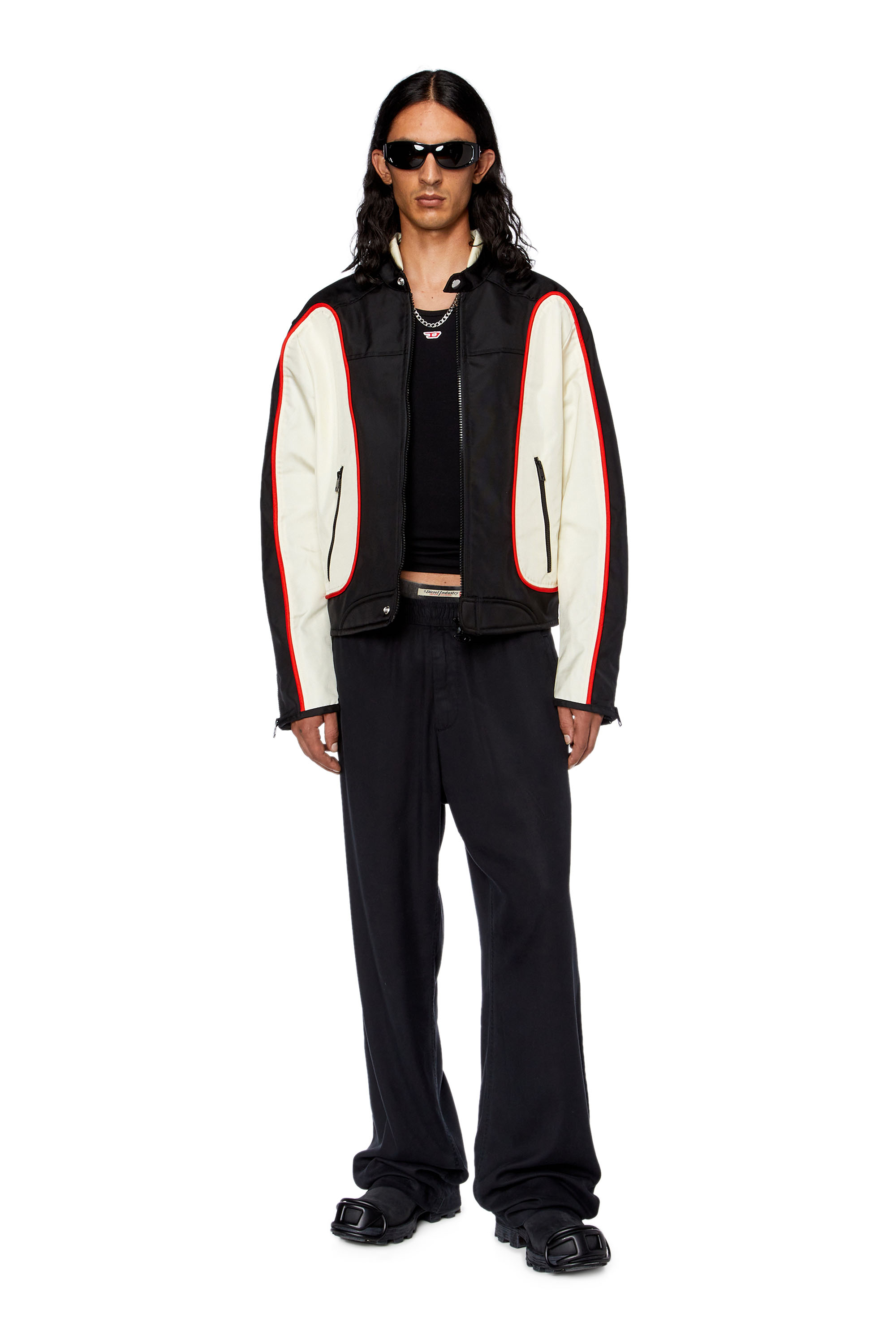 Diesel - J-BLINK, Male's Biker jacket in colour-block nylon in Black/White - 2