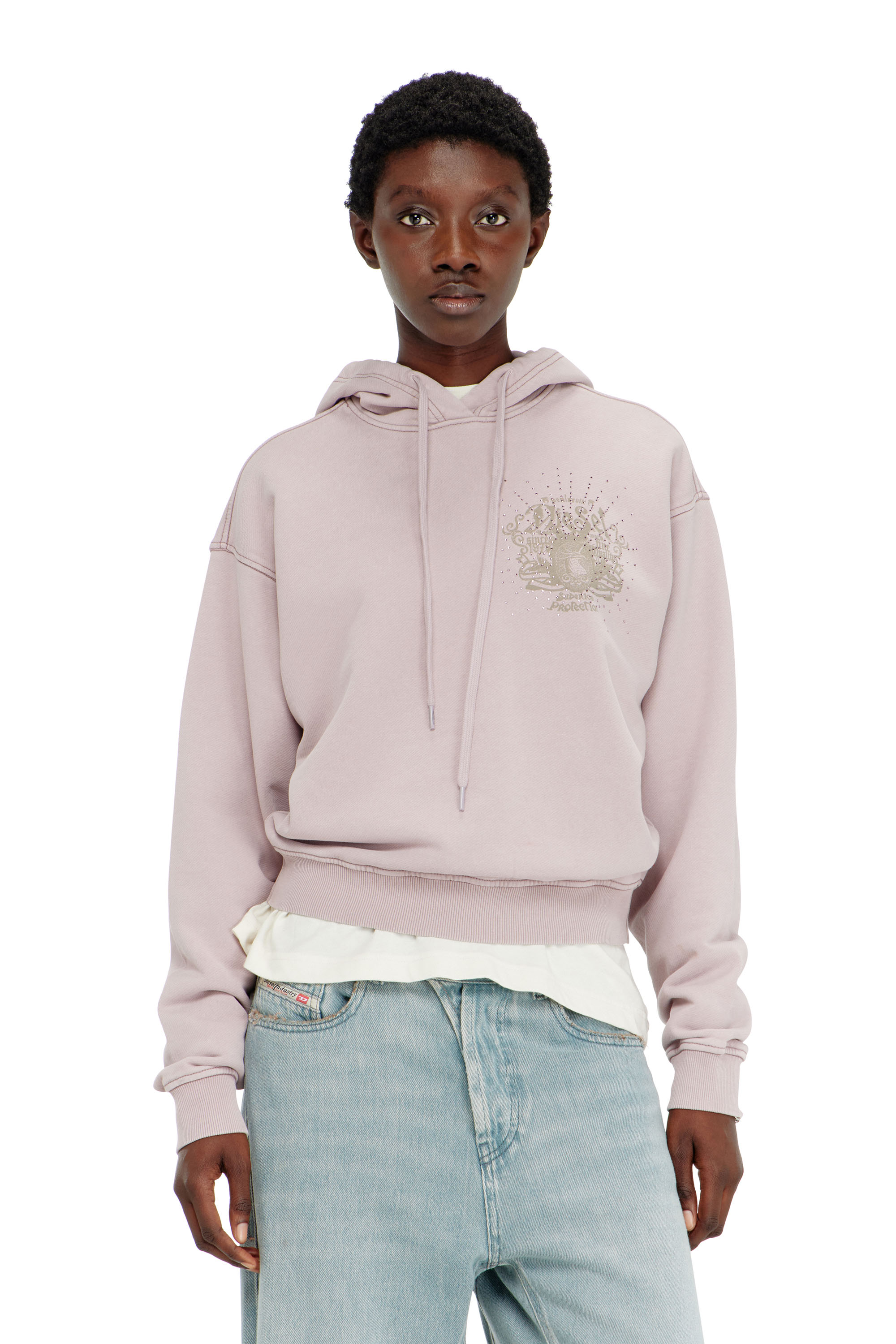 Diesel - F-PHOENY, Sudadera con capucha, estampados y tachuelas de strass Mujer in Morado - 1