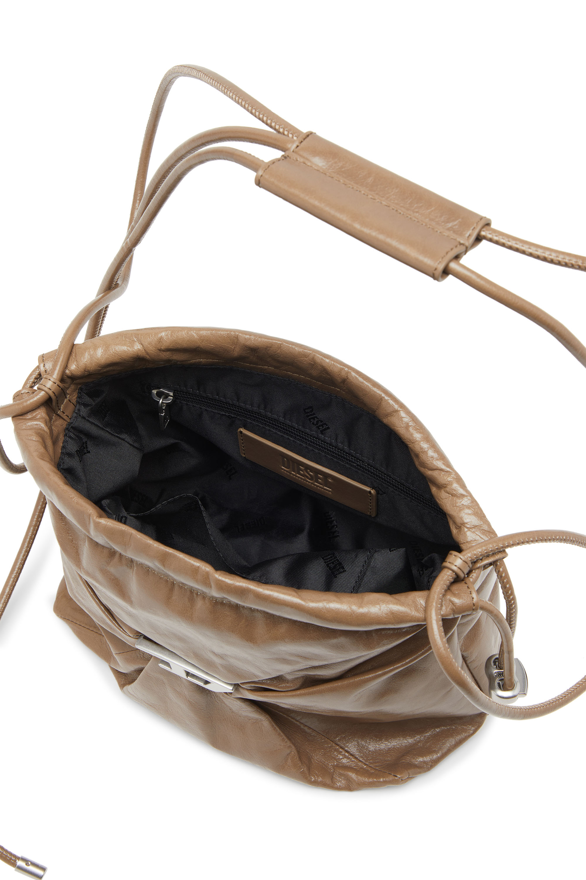 Diesel - SCRUNCH-D BUCKET, Woman's Scrunch-D-Bucket bag in shiny wrinkled leather in Light Brown - 3