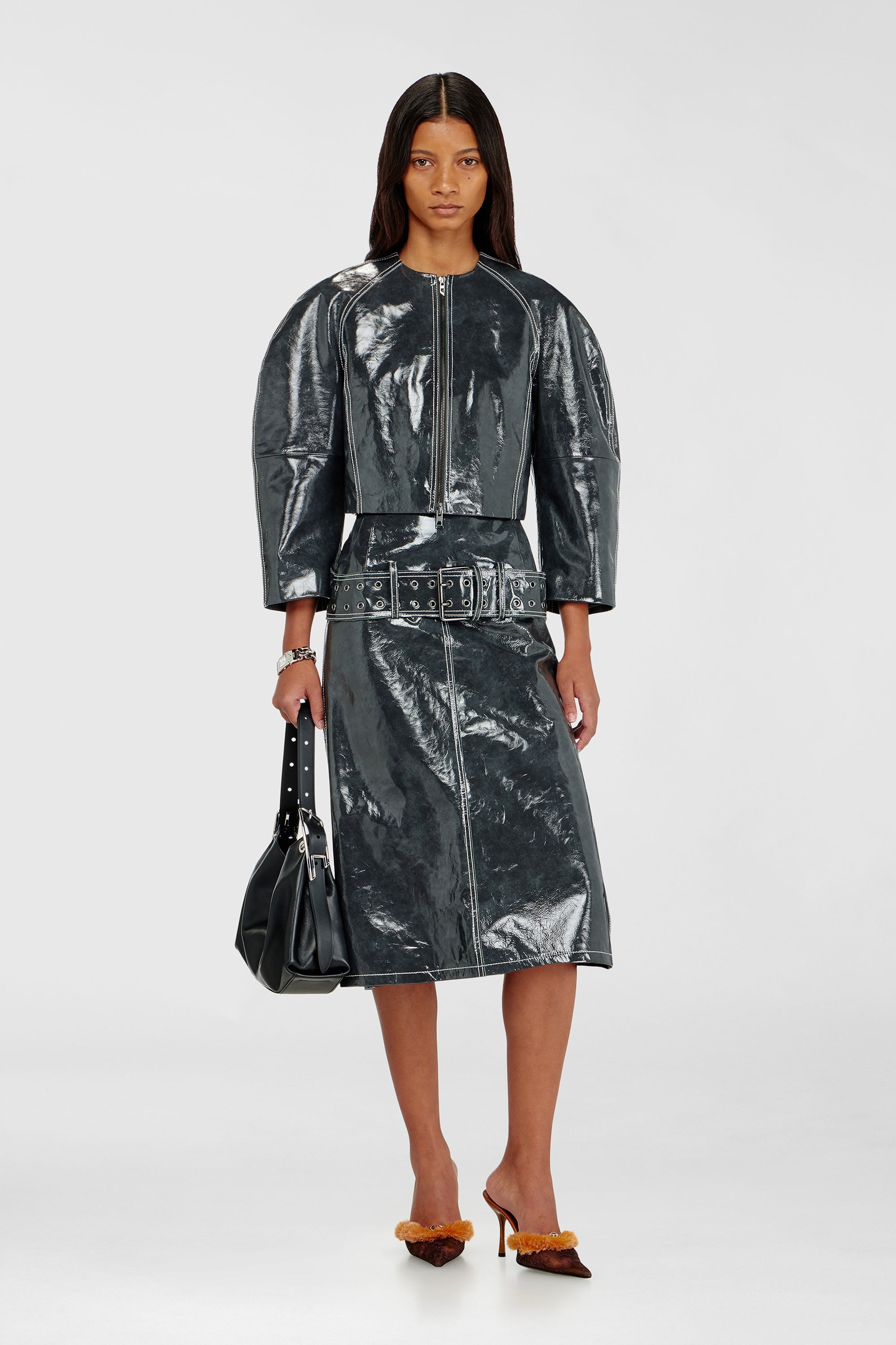 Diesel - L-ANDON, Female's Patent-leather jacket with cocoon sleeves in Dark Grey - 2