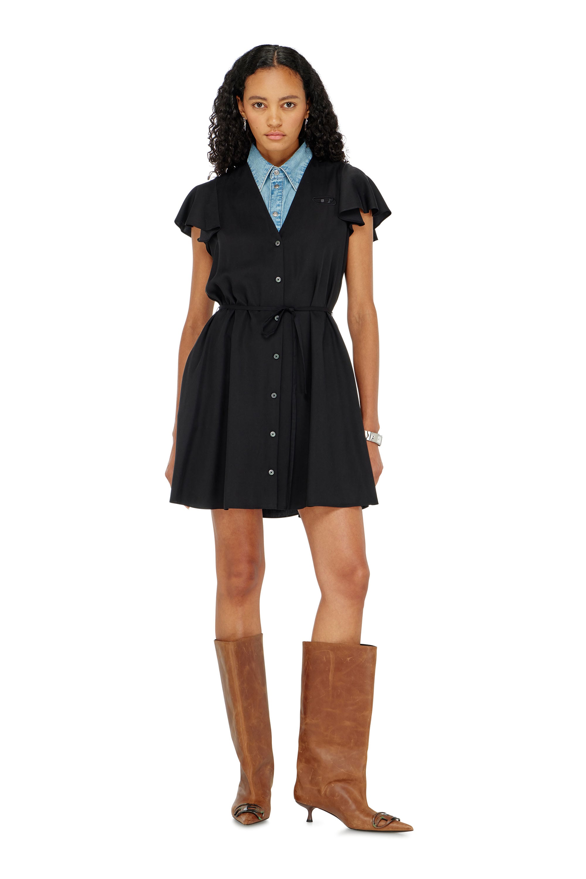 Diesel - D-AIKIRI, Robe en cupro avec col en V et boutons &agrave; l'avant Femme in Noir - 2