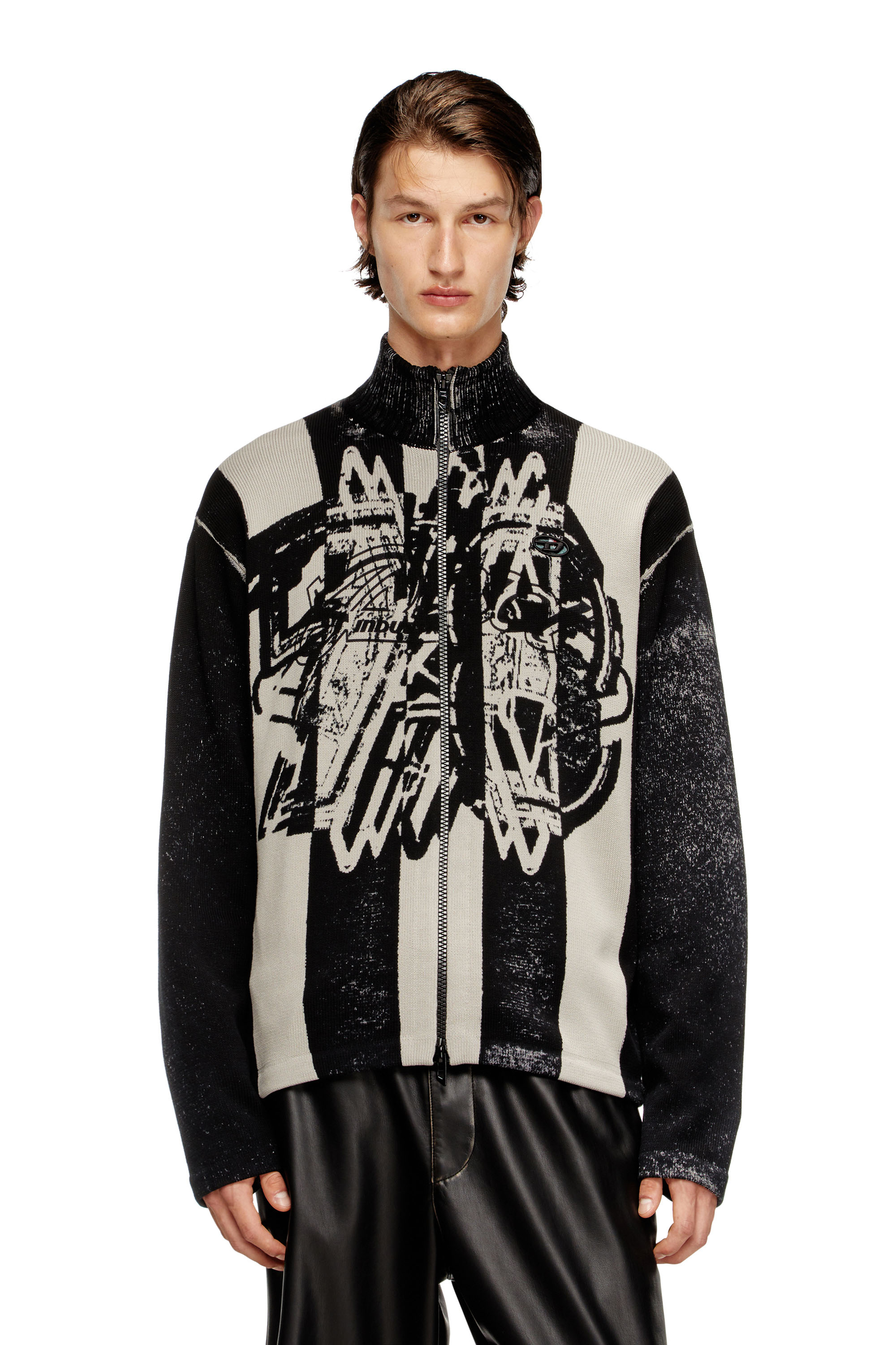 Diesel - K-OLIBA-JKT, Man's Inside-print striped zipped cardigan in Black/White - 2
