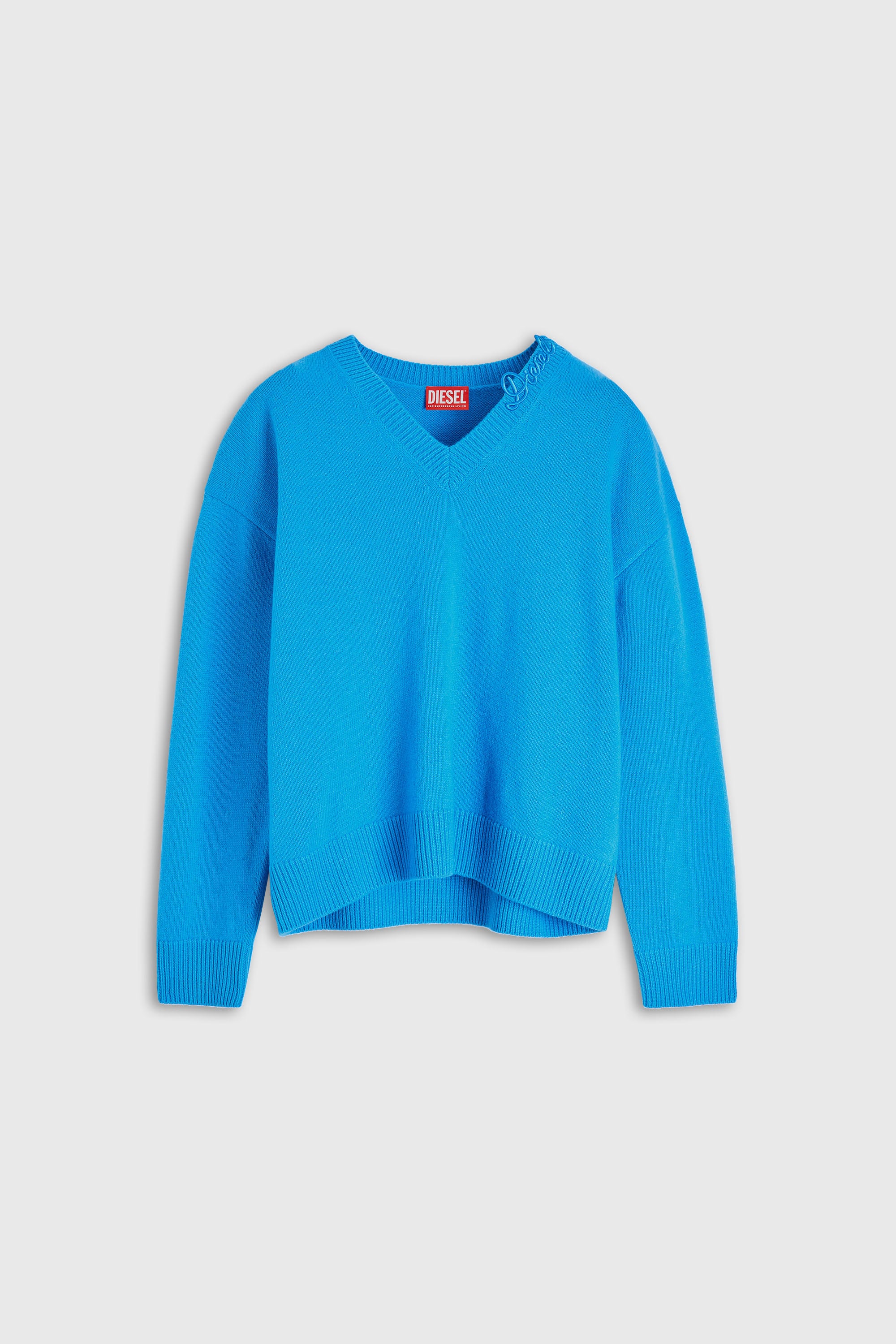 Diesel - M-IMOSA, Woman's Wool V-neck jumper with neck logo in Azure - 1