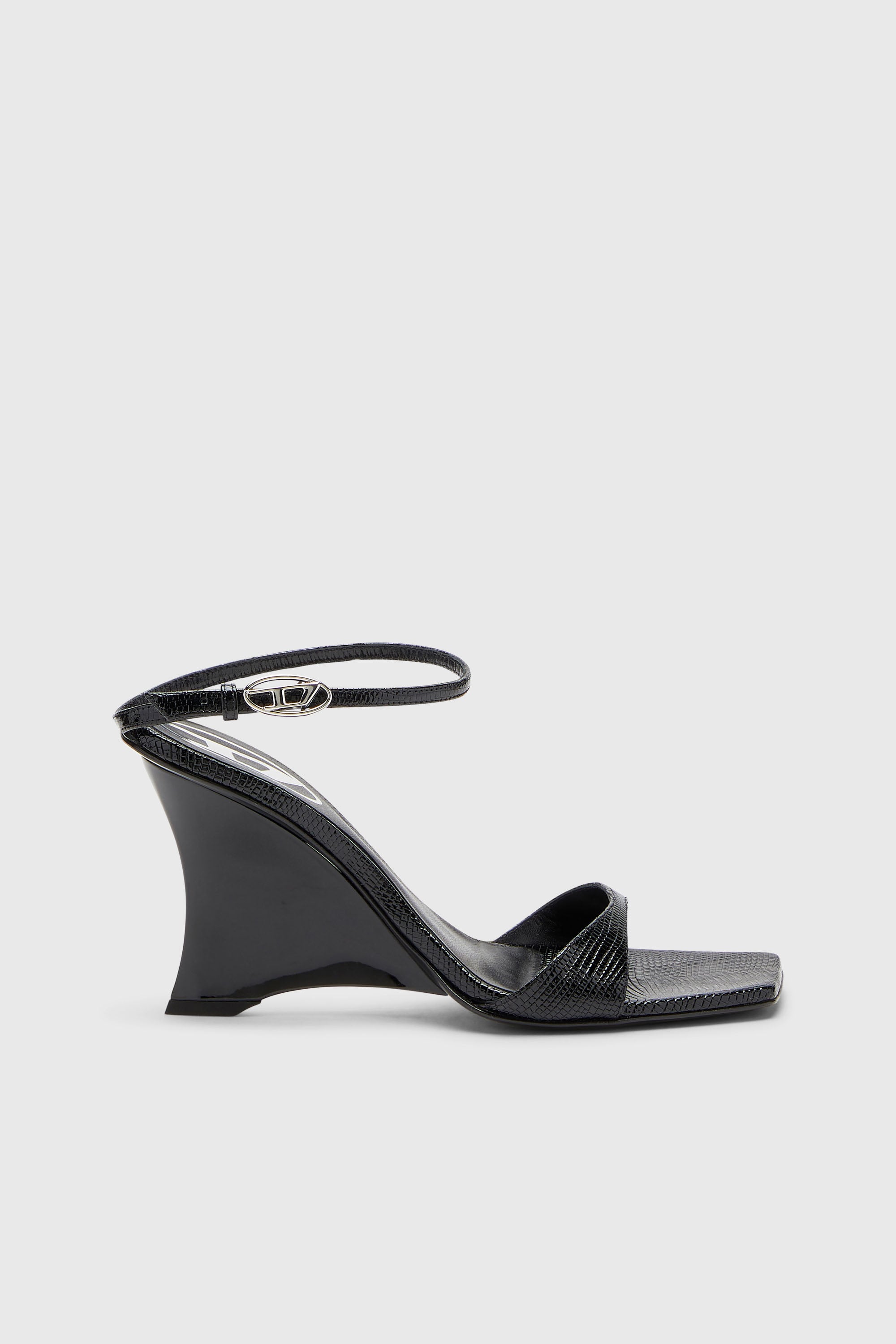 Diesel - D-AMBER SANDAL WEDGE, D-Amber-Sandalias de cu&ntilde;a en cuero efecto lagarto Mujer in Negro - 1