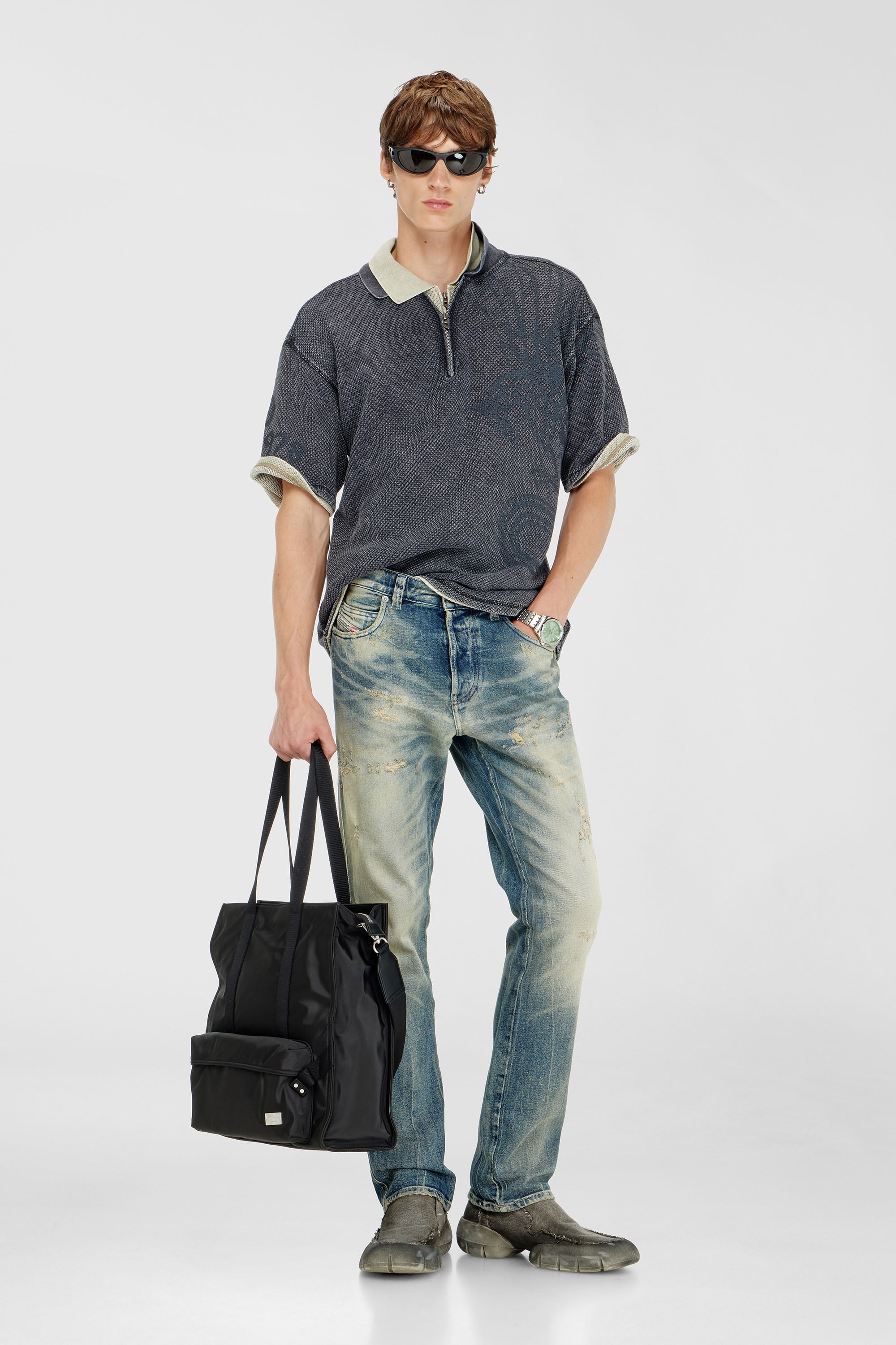 Diesel - T-ERRY-ZIP, Male's Mesh-jacquard polo shirt with Phoenix print in Dark Grey - 2