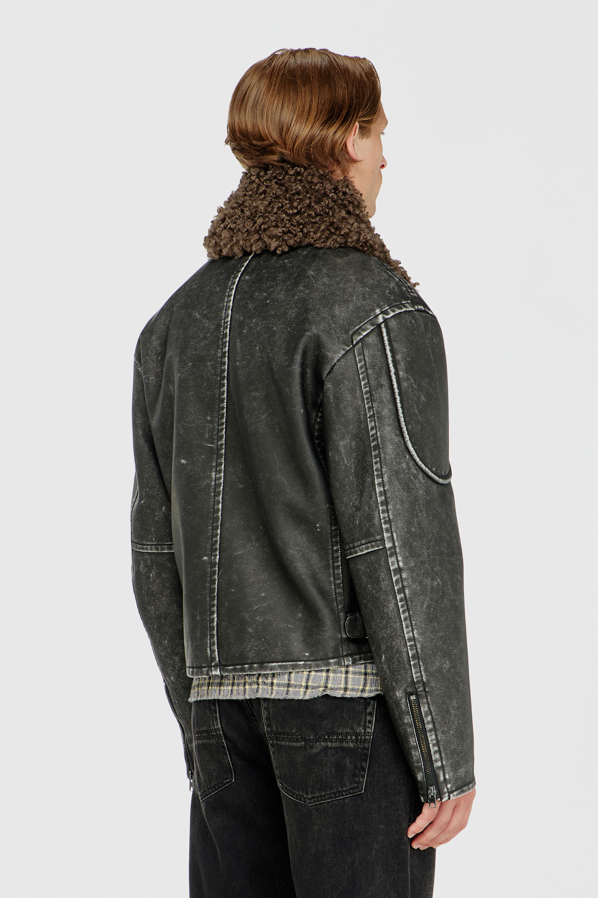 Diesel - W-ALEX, Man's Biker jacket with detachable collar in Dark grey - 5