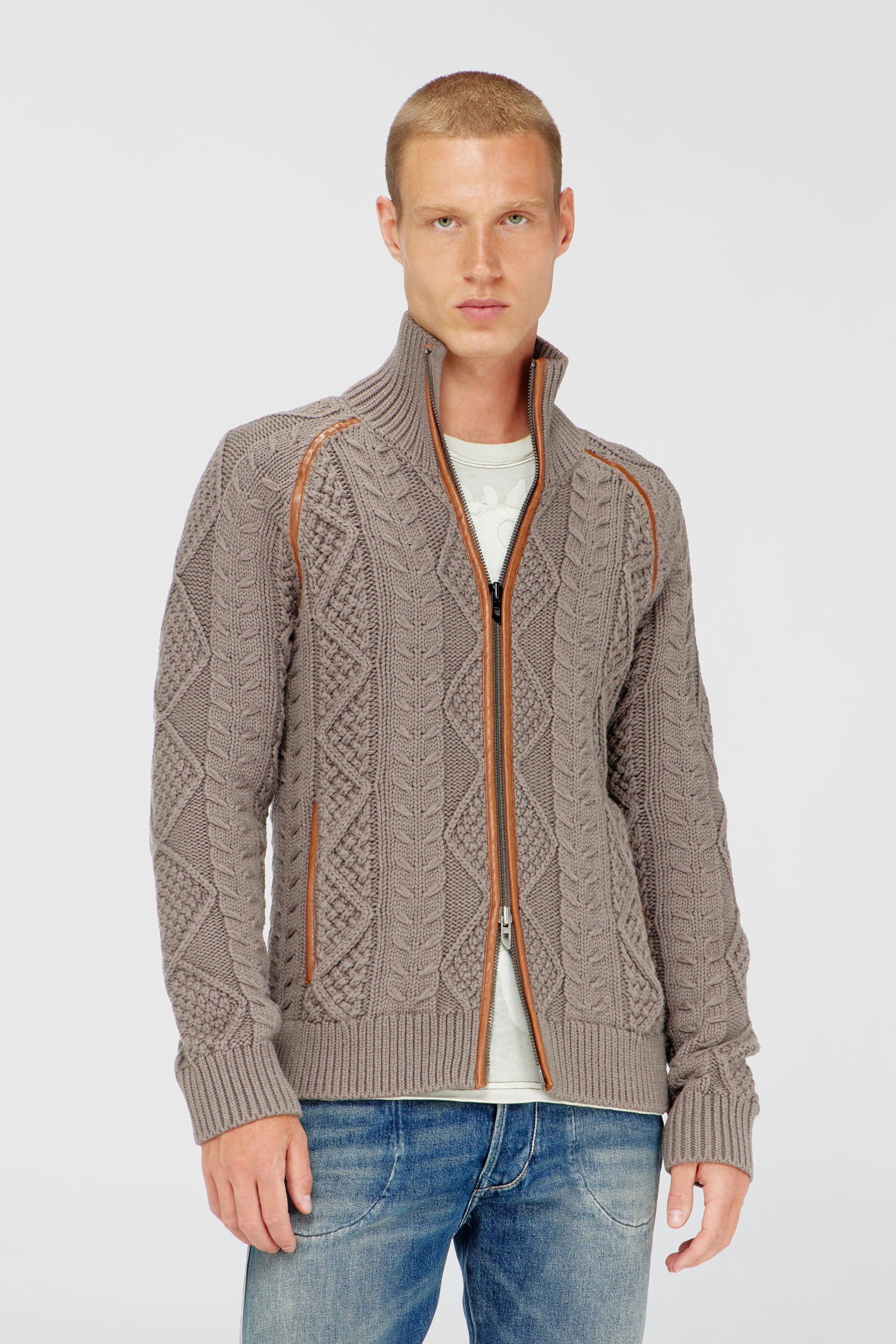 Diesel - K-INOKI, C&aacute;rdigan de punto trenzado con cremallera Hombre in Gris - 1