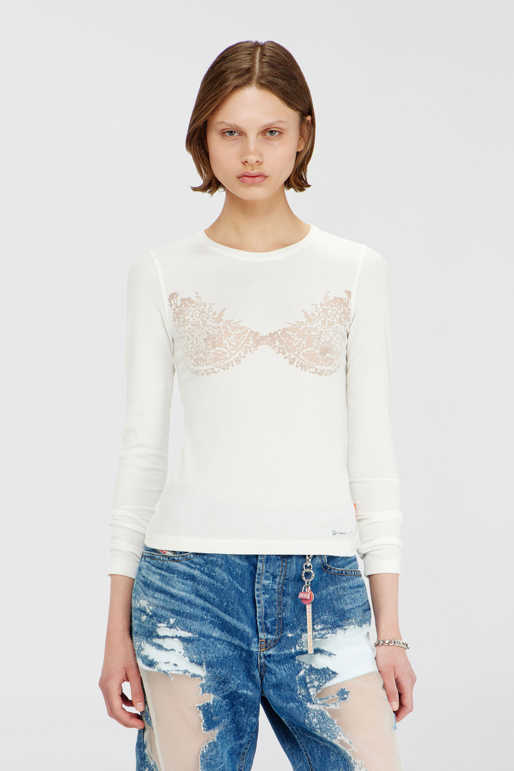 Diesel - PR-T-MOKKI-LS-R, Top con efecto de encaje devor&eacute; Mujer in Blanco - 3