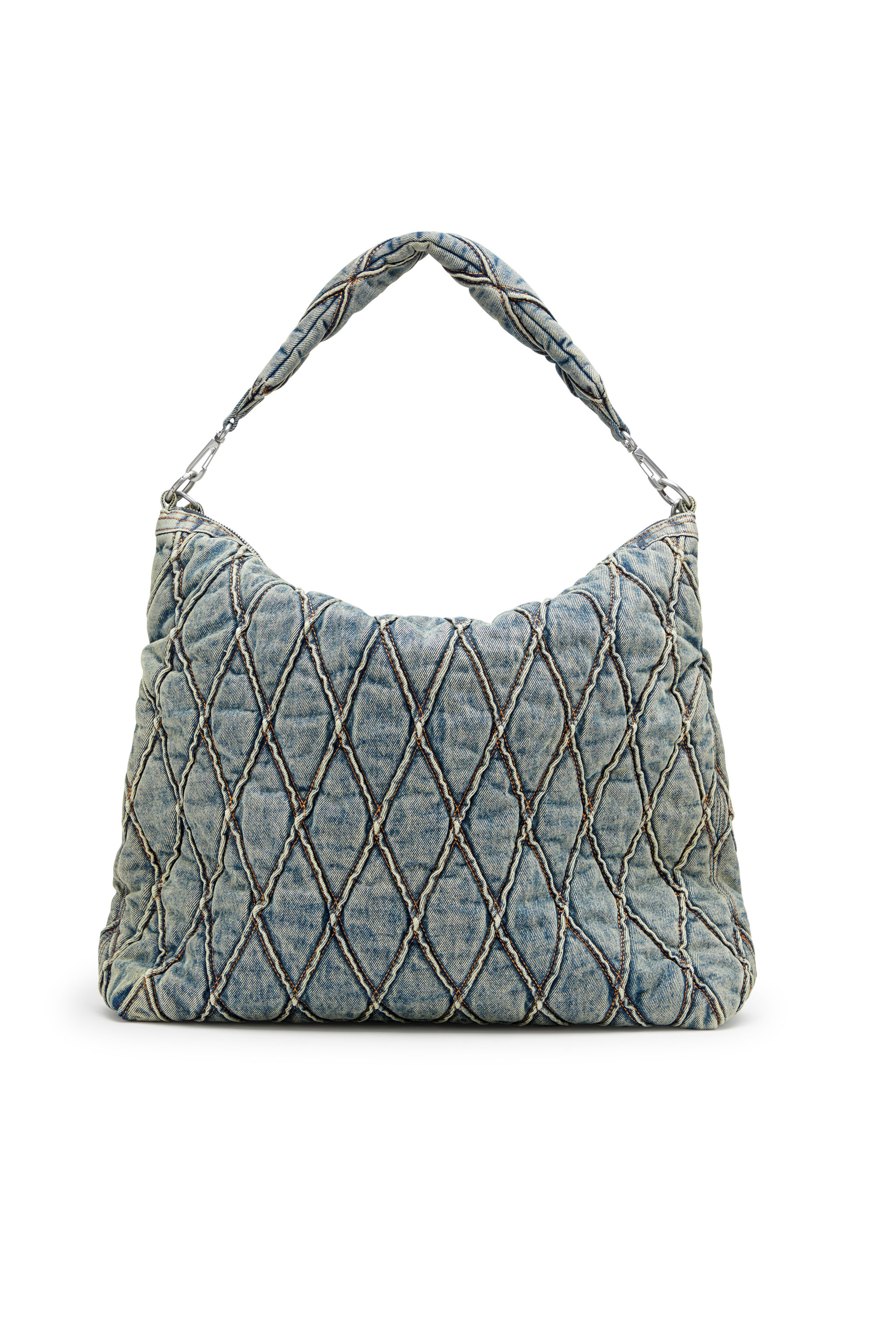 Diesel - CHARM-D HOBO, Charm-D-Grand sac hobo en denim matelassé motif Argyle Femme in Bleu - 2