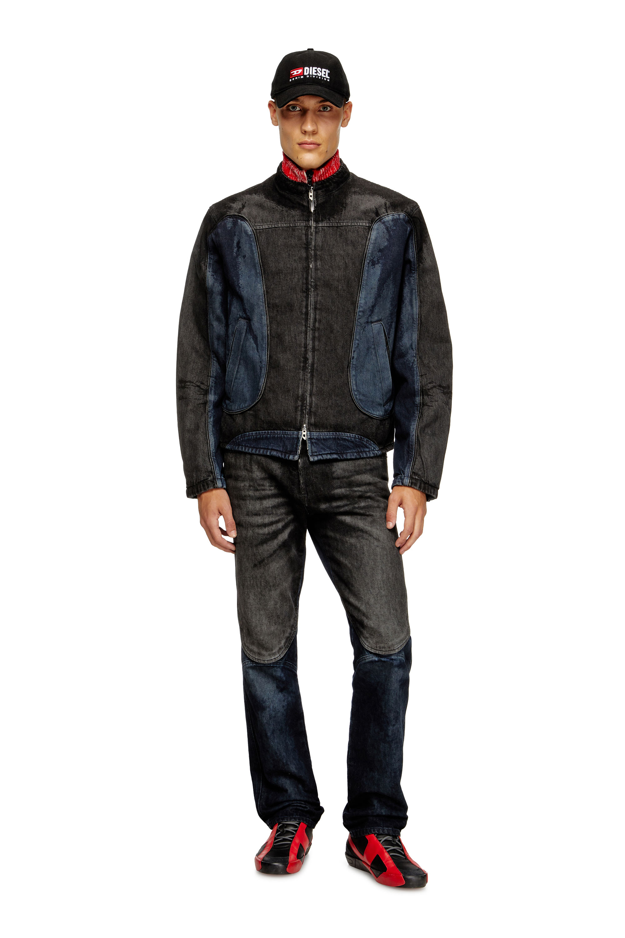 Diesel - D-BLENK-S, Male's Biker-style jacket in bicolour denim in Black/Blue - 2