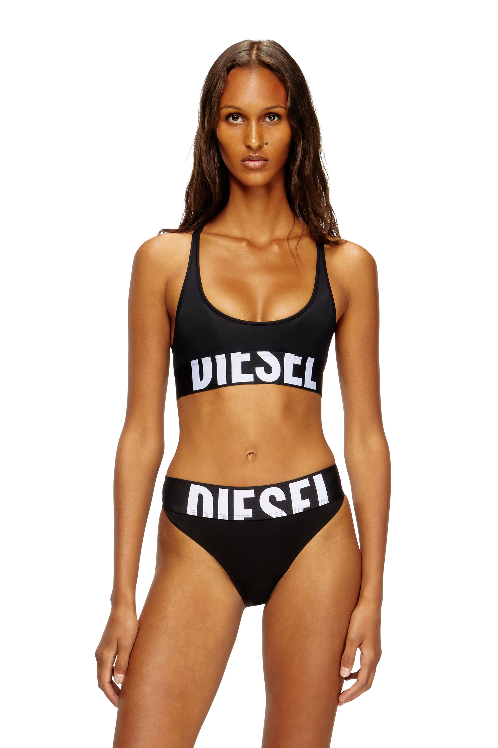 Diesel - ALLISON-D-POP, Brassière de sport en microfibre avec logo tronqué Femme in Noir - 1