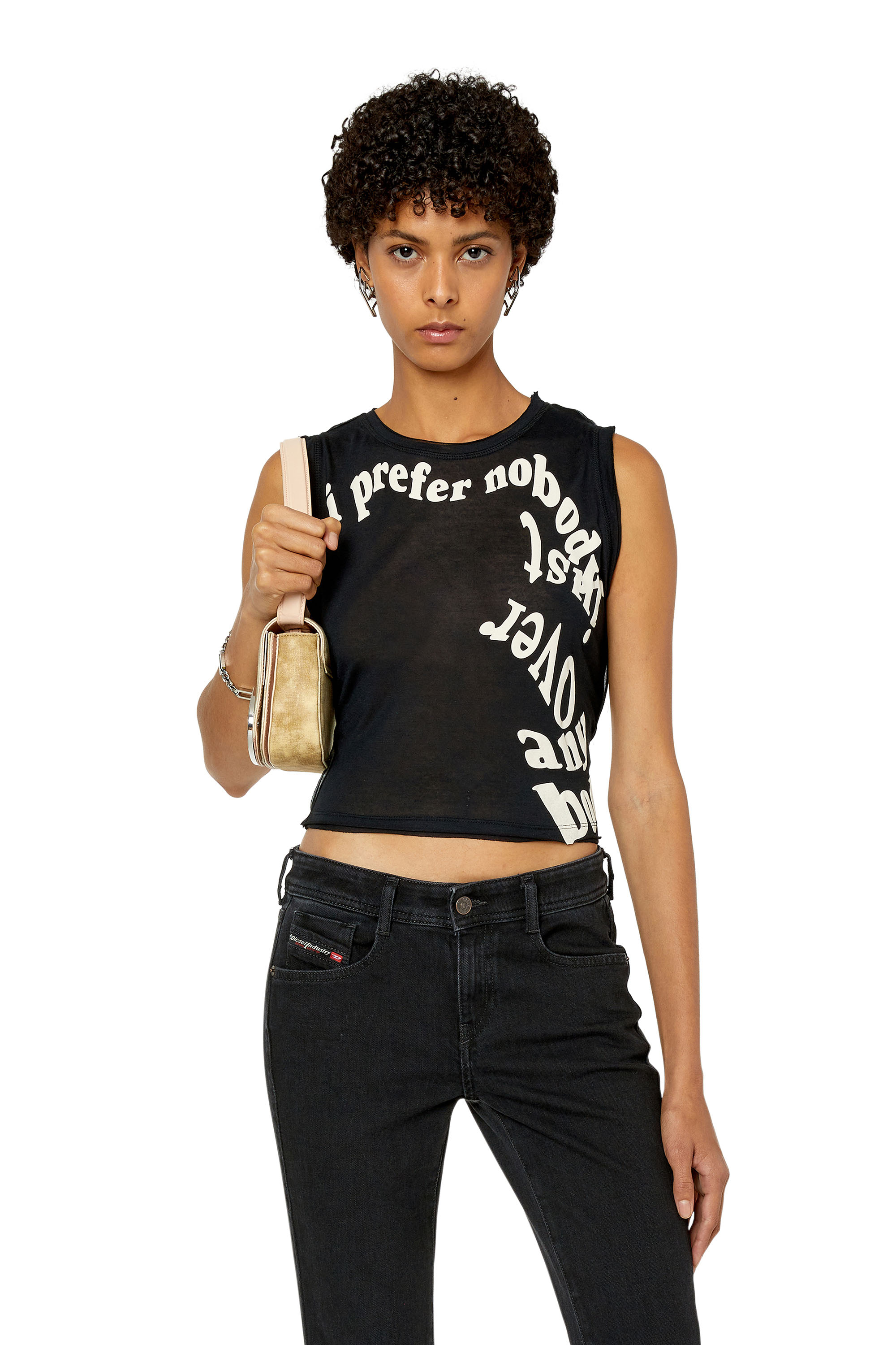 洗練されたデザイン　DIESEL 　T-ANKI-OD M A19908 Women's Slim ribbed tank top with metallic Oval D | White | Diesel