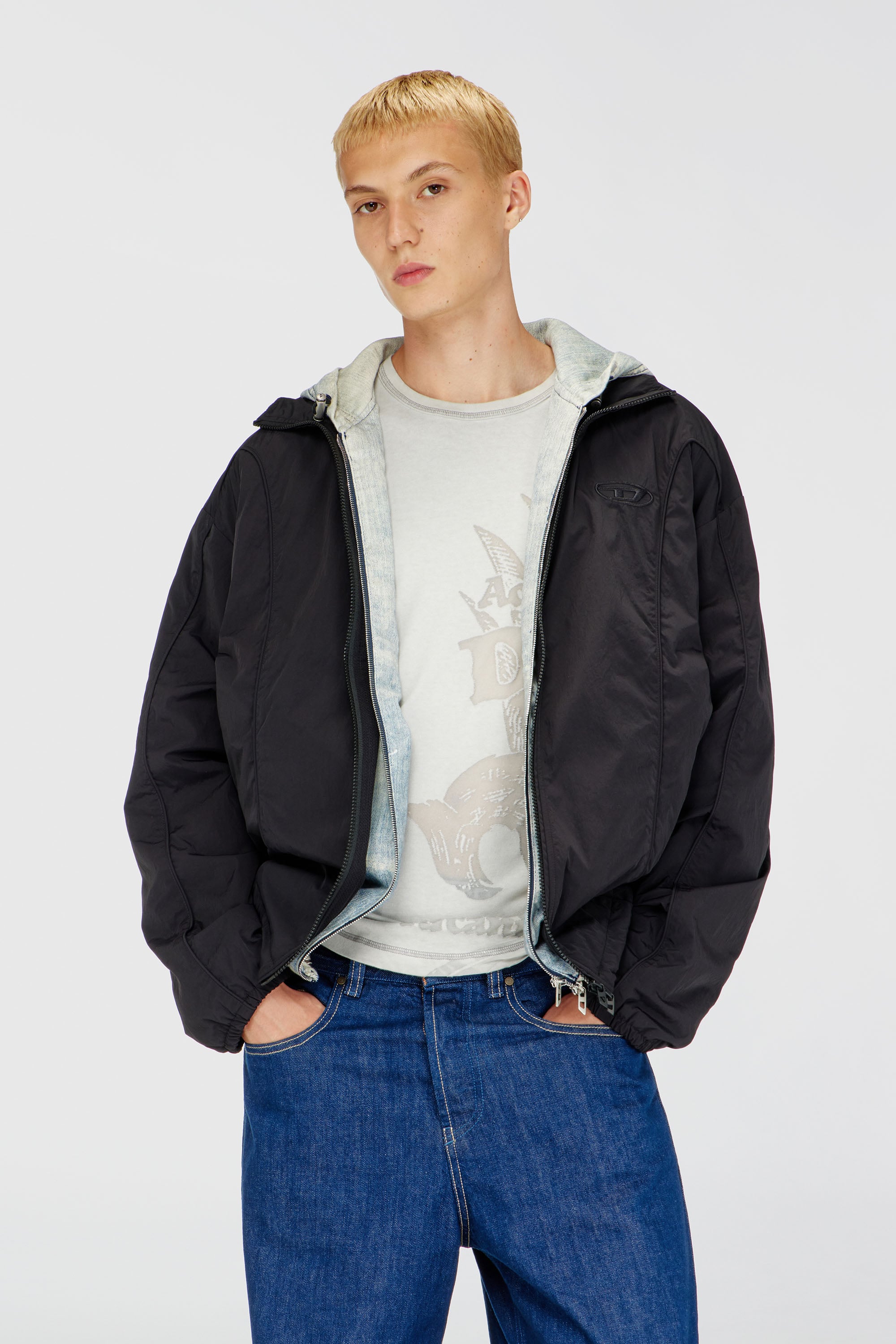Diesel - J-FIVE-WRD-AKAD, Chaqueta de nailon arrugado con ribetes Hombre in Negro - 1
