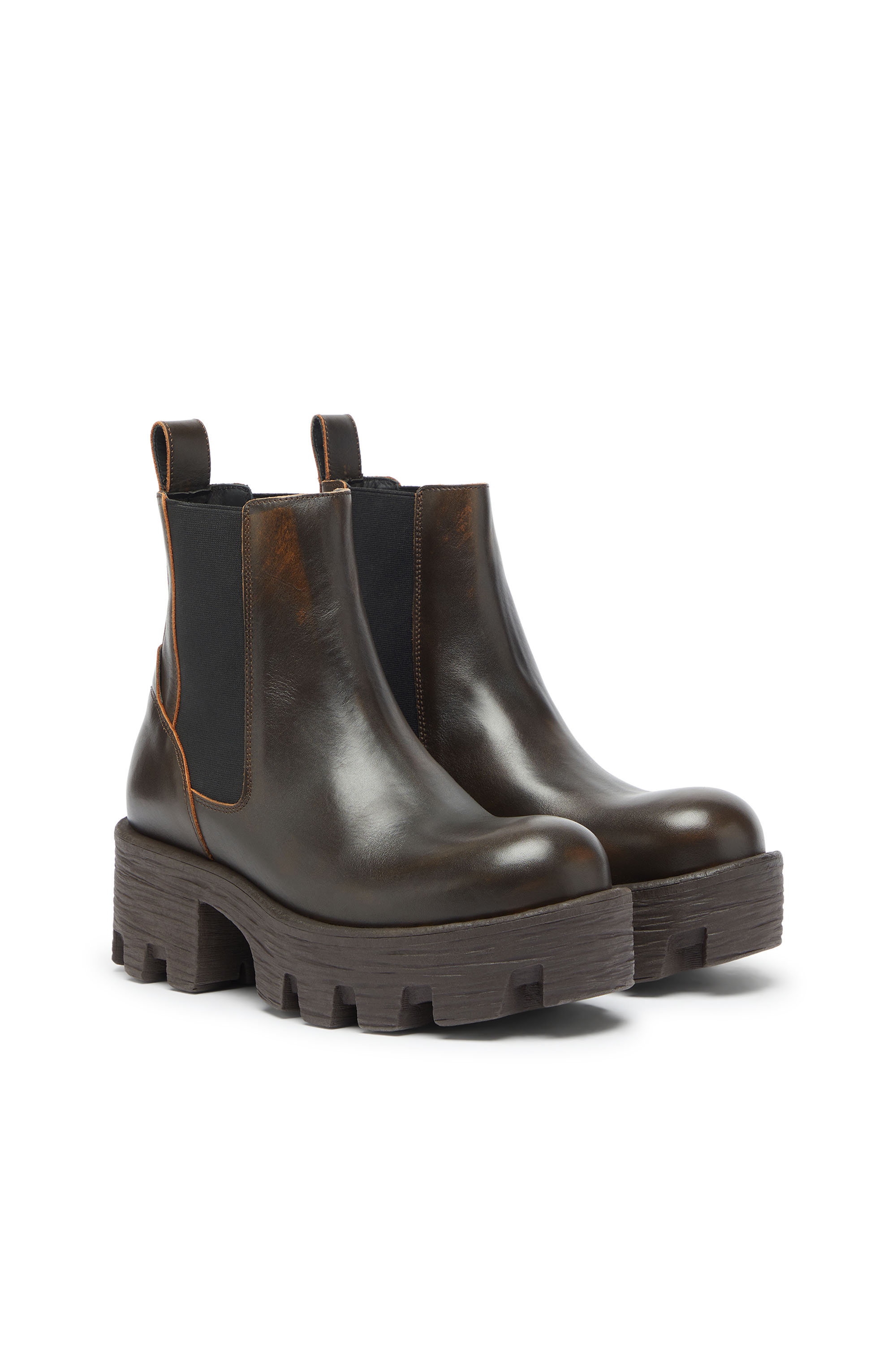 Diesel - D-HAMMER CHUNKY W, D-Hammer - Bottines Chelsea en cuir avec semelle crant&eacute;e Femme in Marron - 2