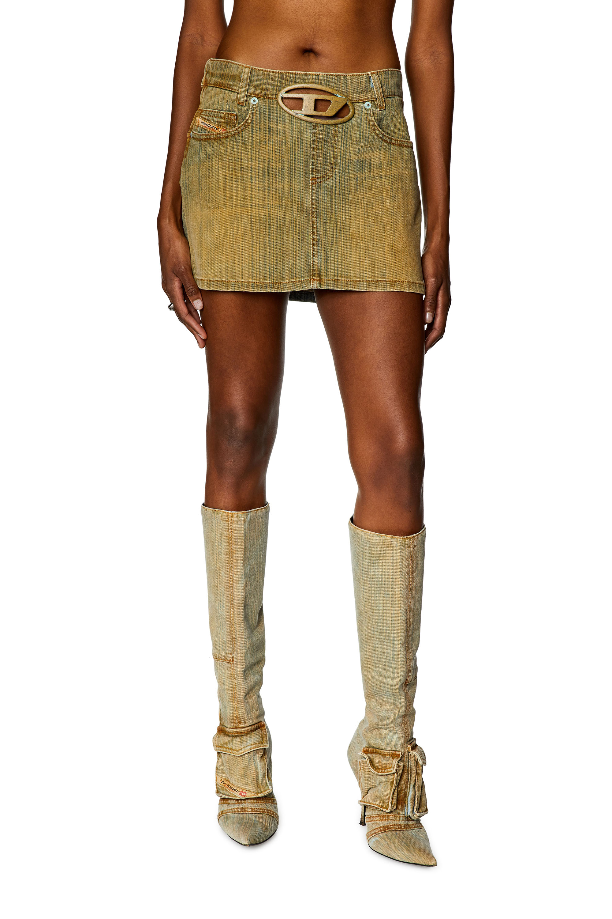 Diesel - DE-RON-FSD, Woman's Mini skirt in denim with plaque in Beige/Blue - 3