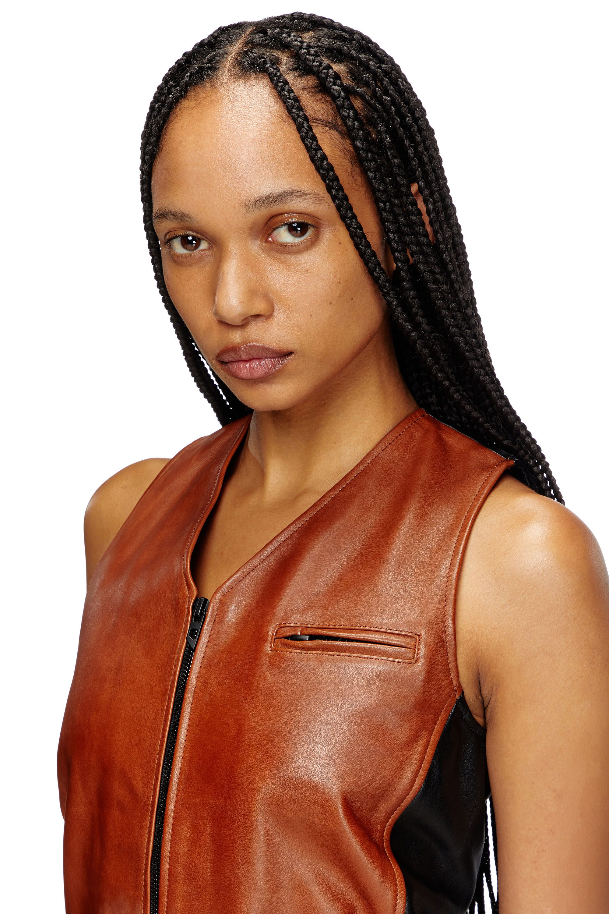 Diesel - L-USTRA, Female's Cropped colour-block leather vest in Black/Brown - 4
