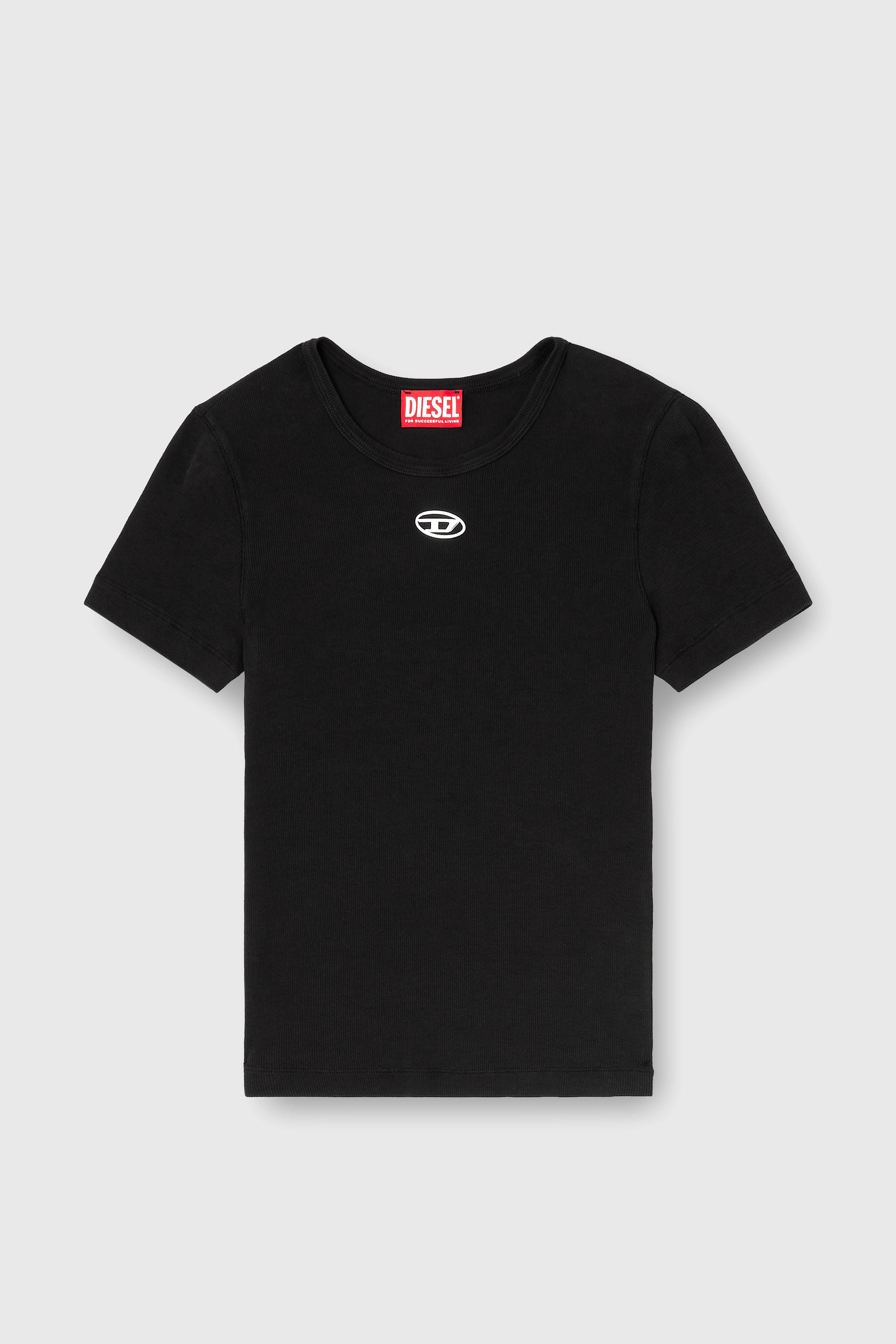 Diesel - T-ELE-LONG-OD, Camiseta de canal&eacute; slim con &Oacute;valo D met&aacute;lico Mujer in Negro - 2