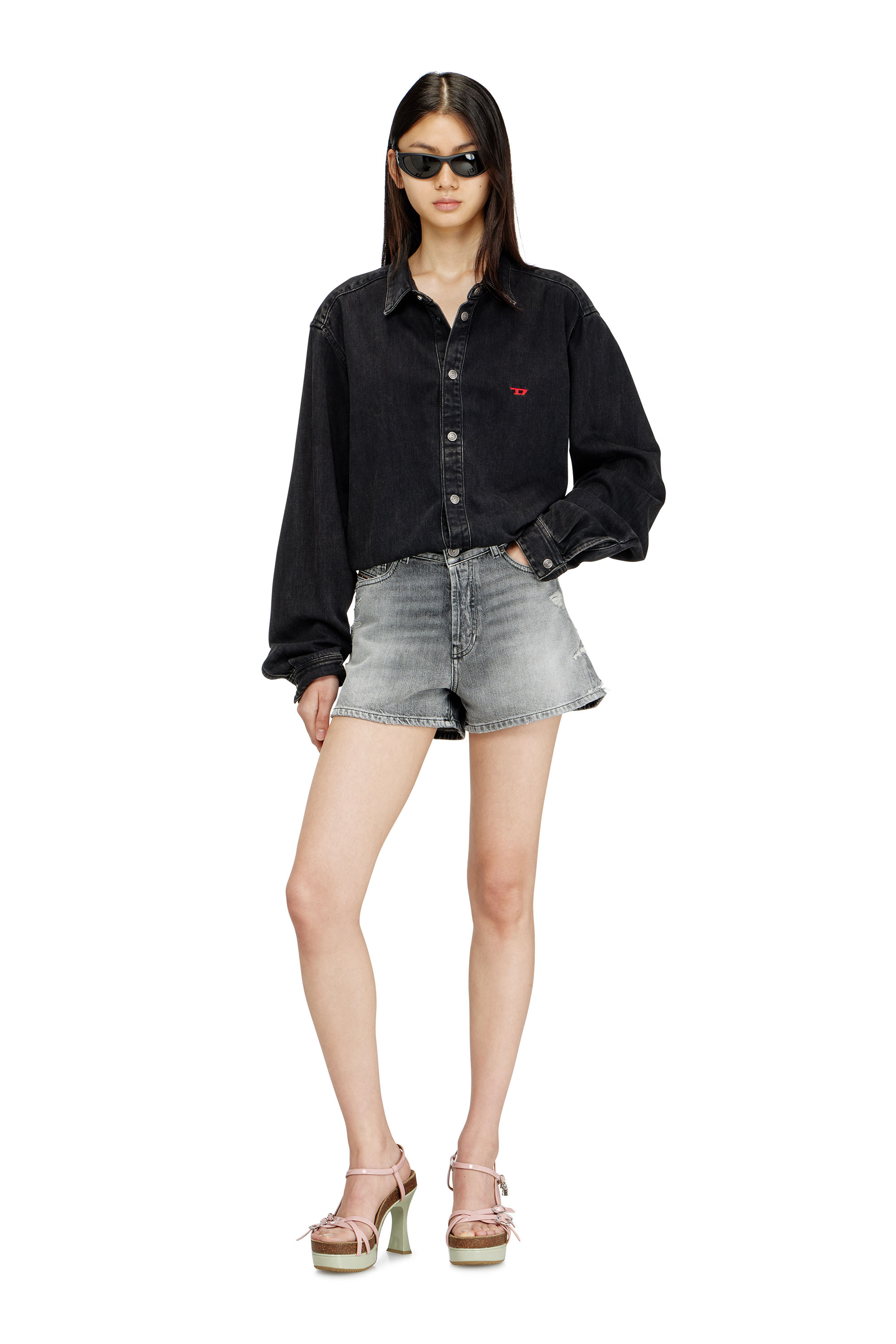 Diesel - DE-HELIOS, Woman's Denim shorts with frayed hems in Grey - 1