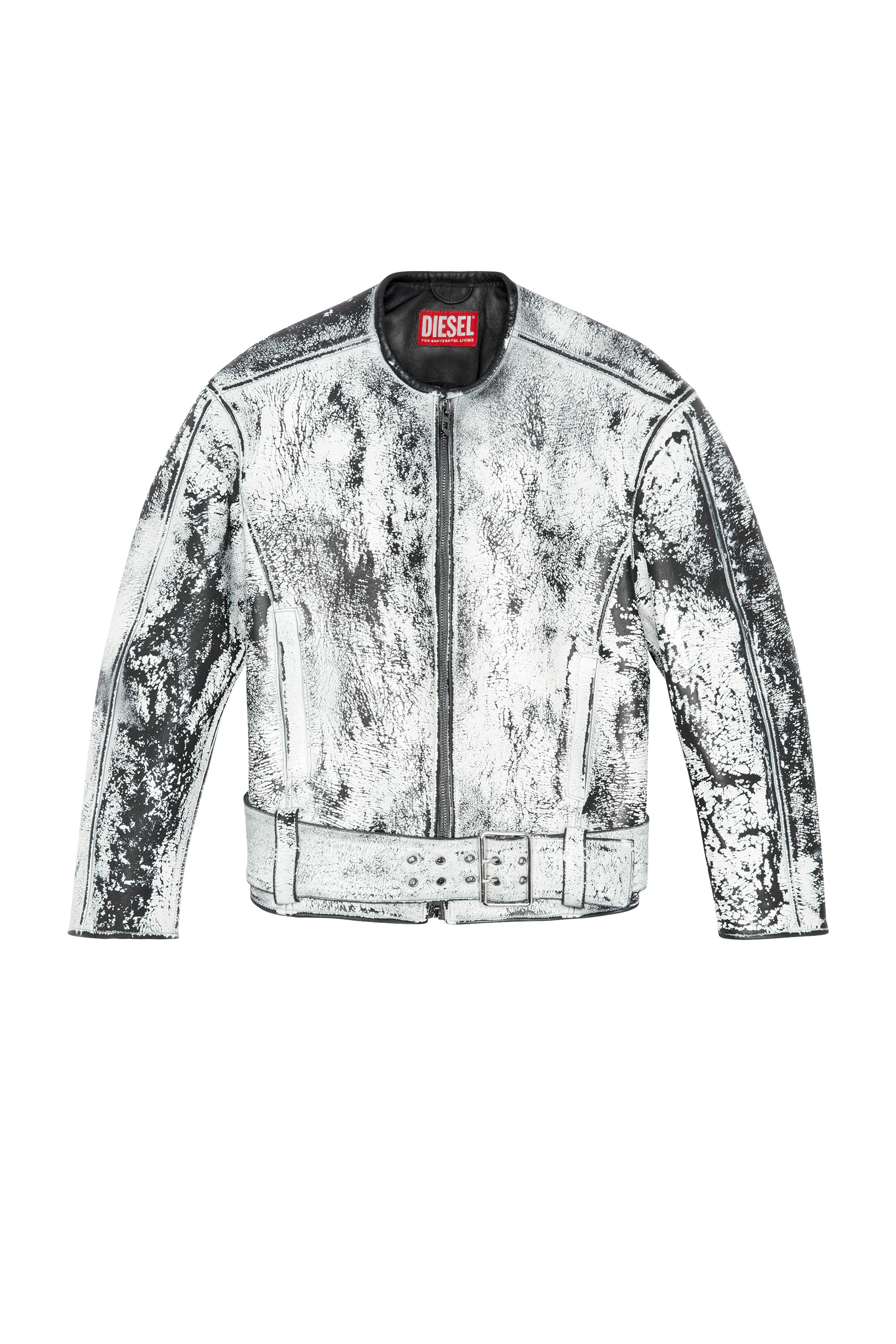 Diesel - L-MARGY-MALE, Man's Oversized biker jacket in treated leather in Black/White - 2