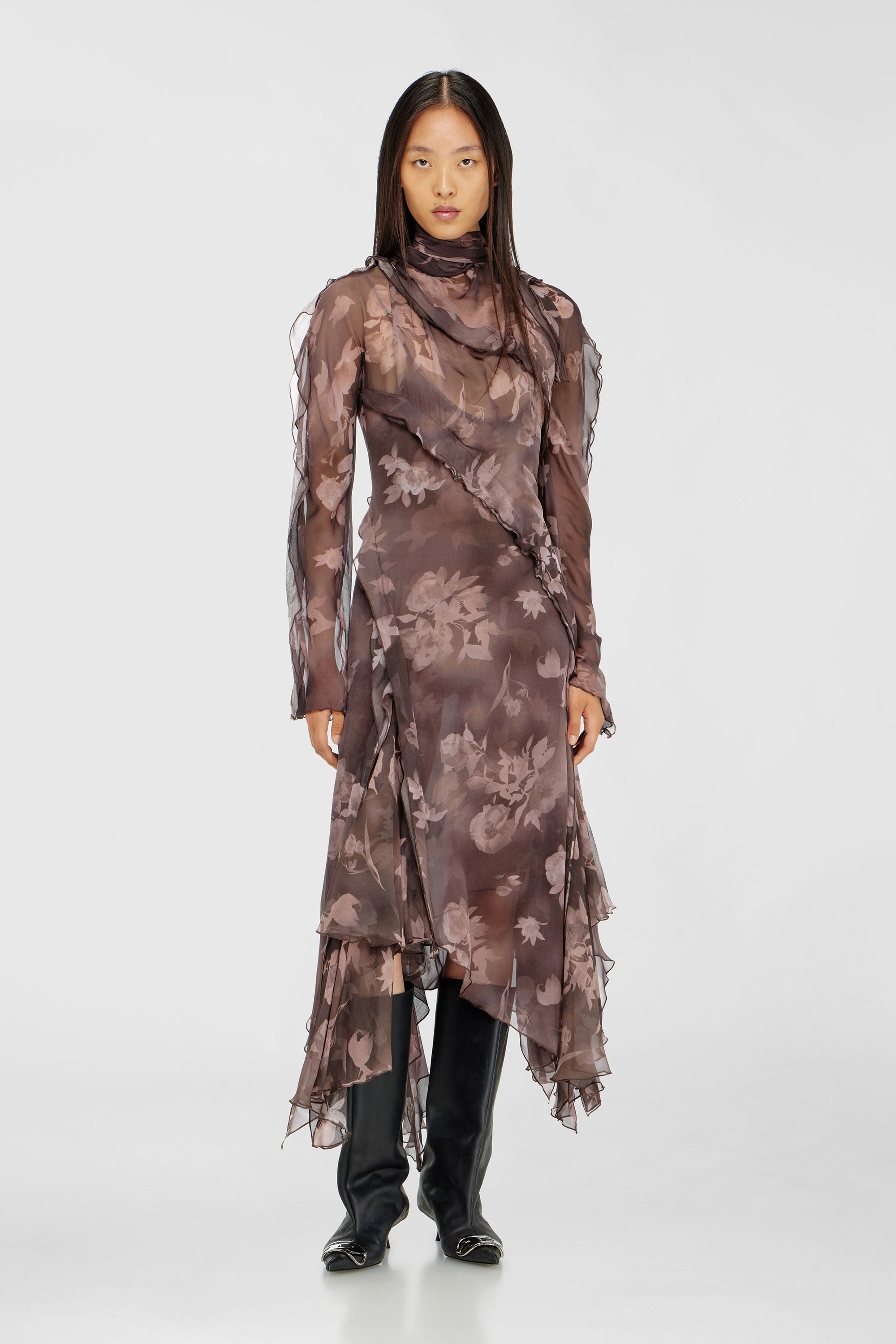 Diesel - D-RIADI, Female's Asymmetric midi dress in chiffon and silk-crepe in Brown - 1