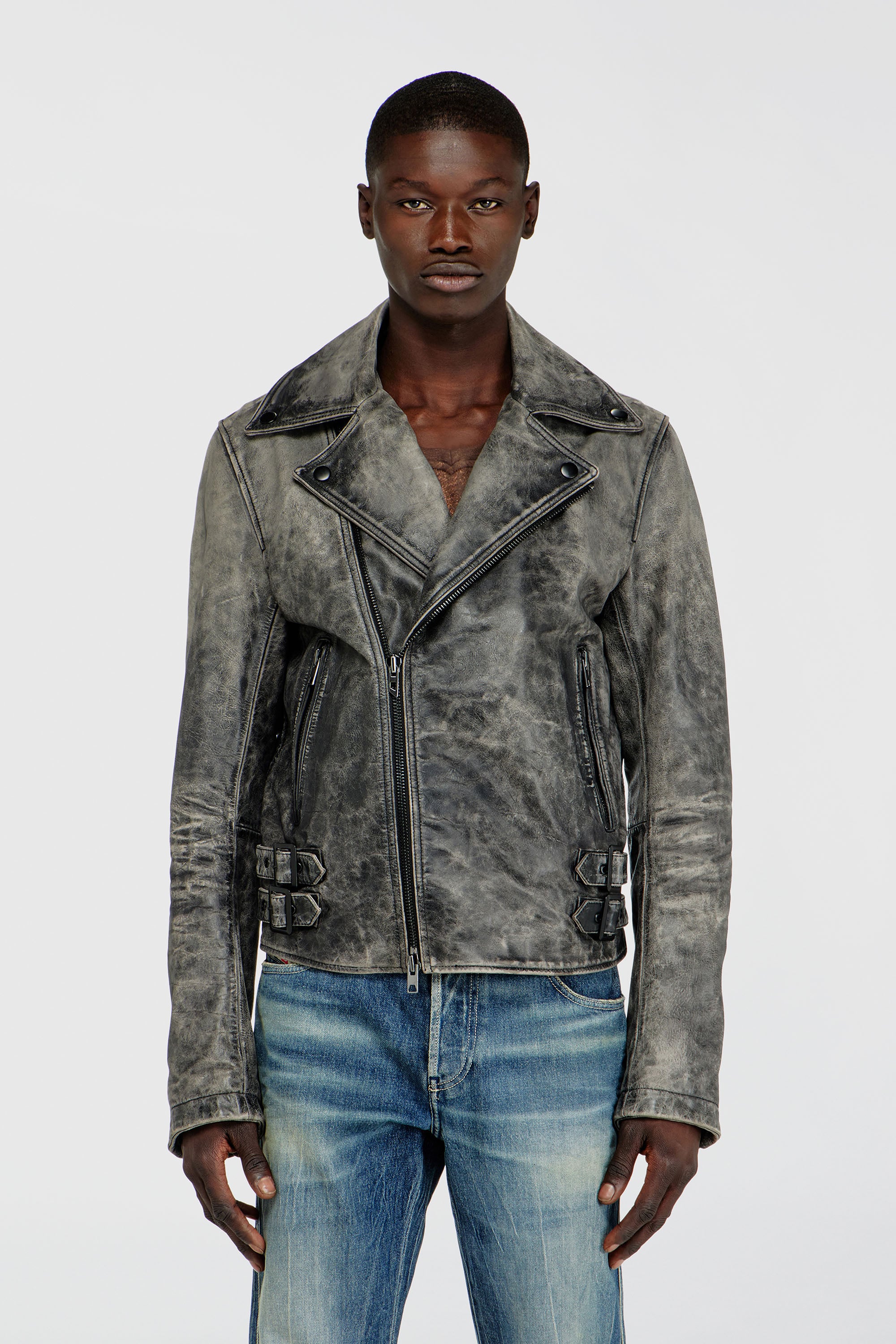 Diesel - L-EON-CJCM, Chaqueta biker de piel tratada Hombre in Gris - 1