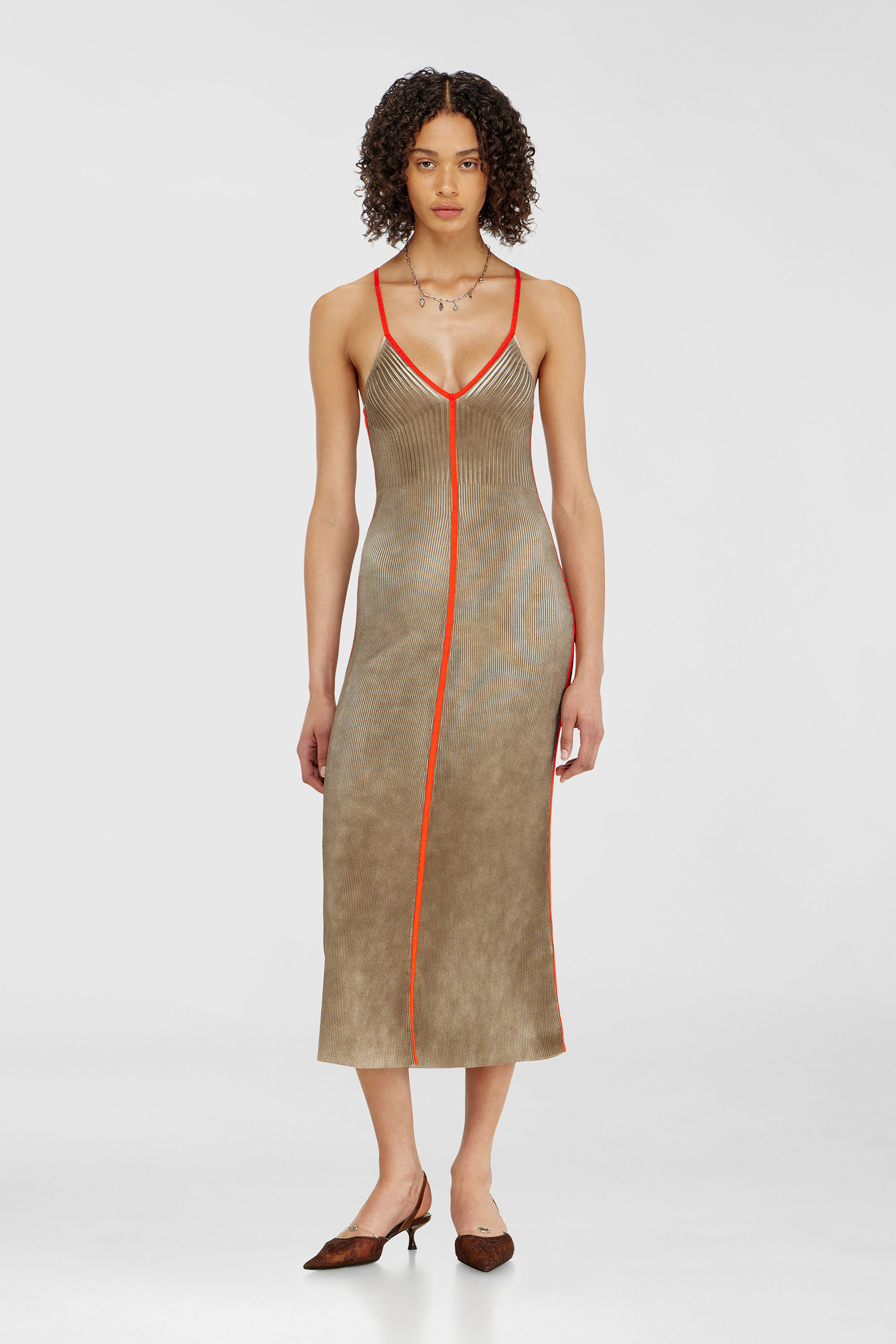 Diesel - M-SARMELA, Female's Rib-knit midi cami dress with contrast bands in Red/Brown - 1