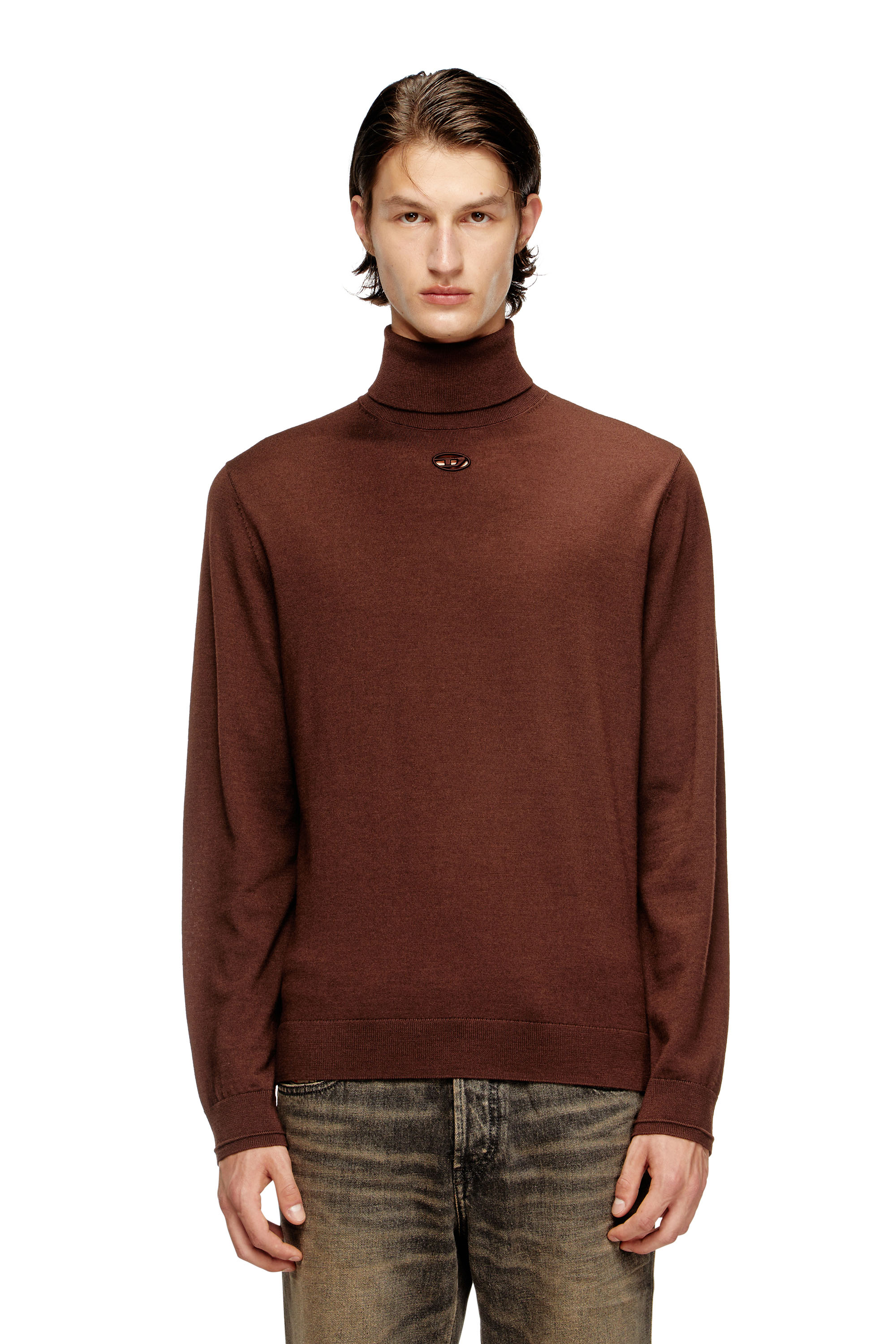 Diesel - K-VARTA, Man's Wool turtleneck jumper with cut-out logo in Brown - 1