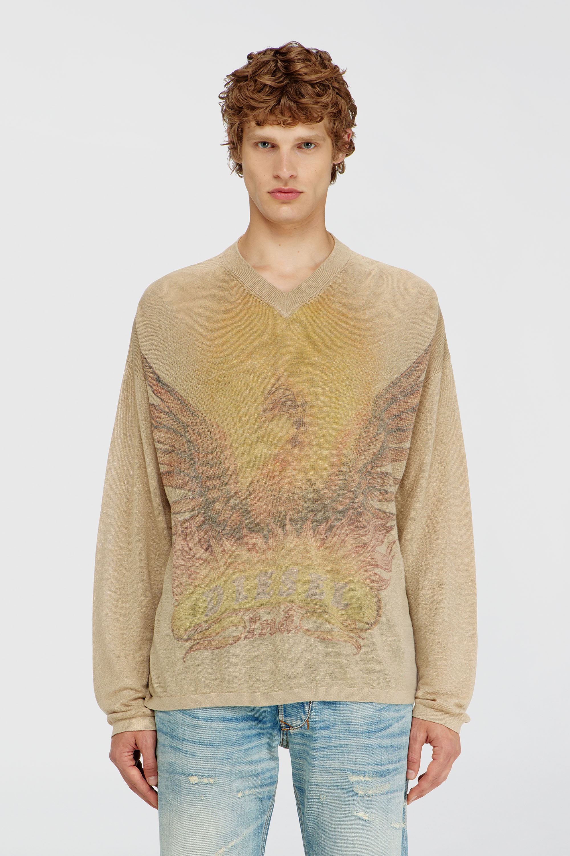 Diesel - K-ARMINS, Male's Linen jumper with faded Phoenix print in Beige - 1