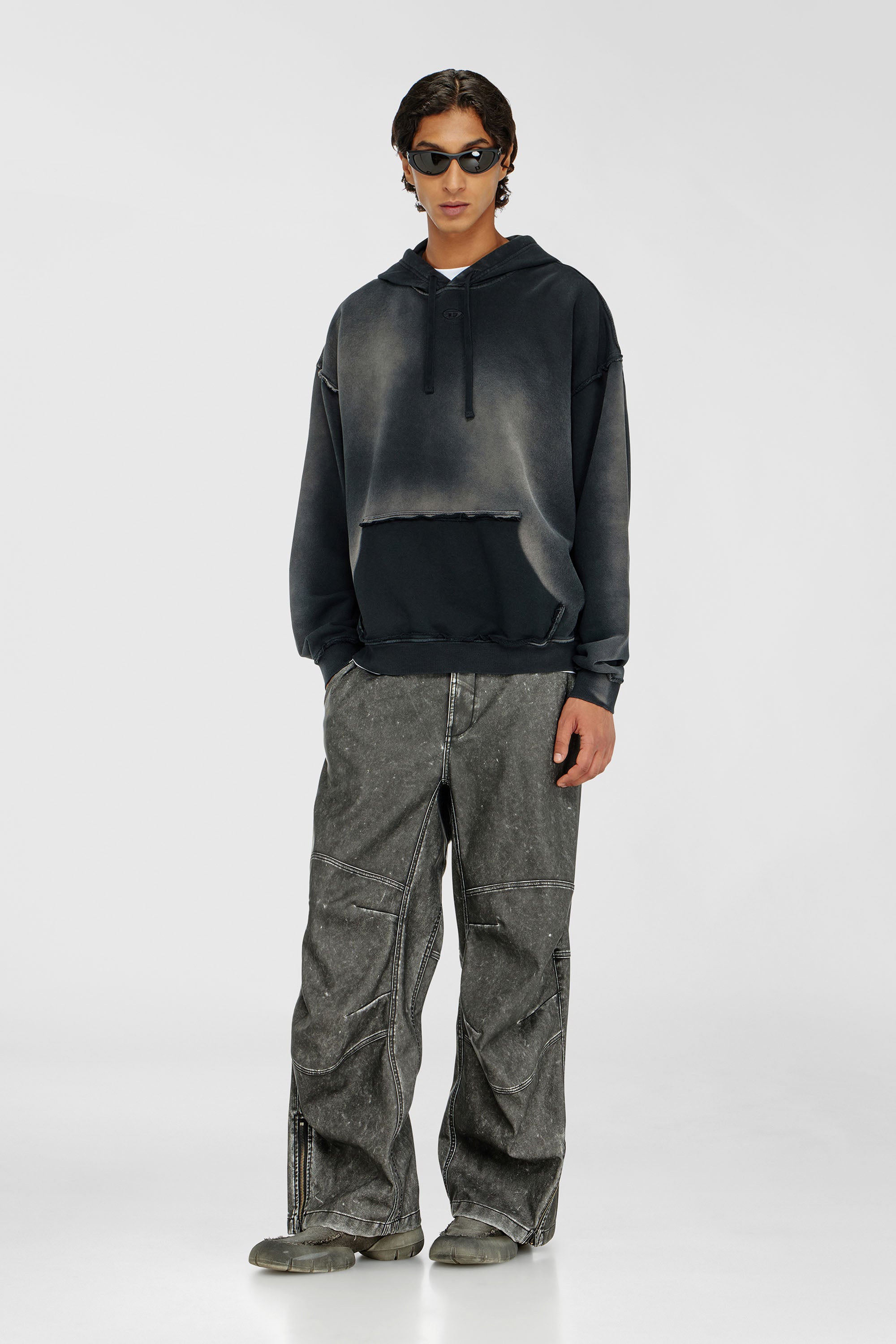 Diesel - S-POCK-HOOD, Male's Faded cotton hoodie with frayed details in Black/Grey - 2