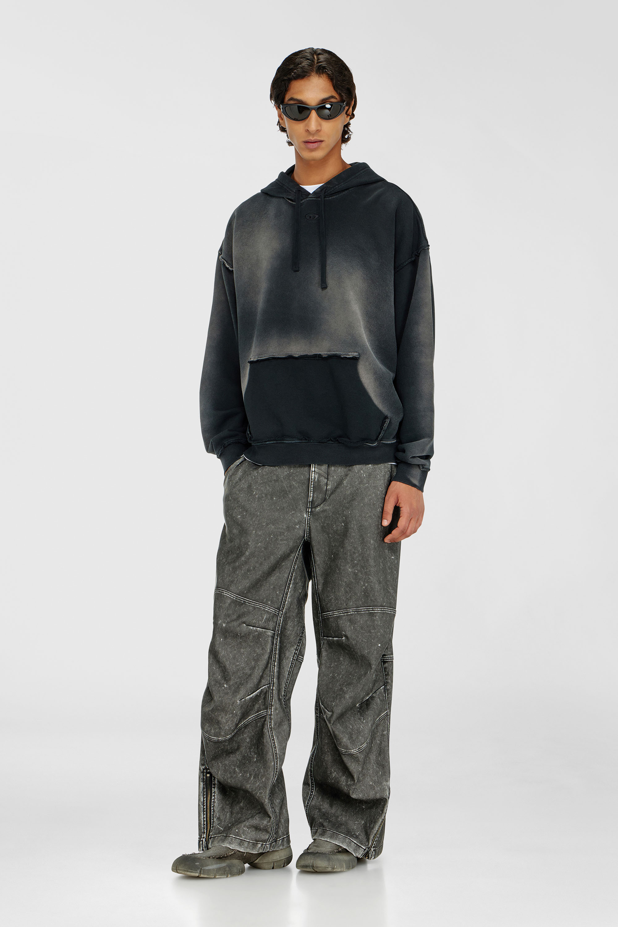 Diesel - S-POCK-HOOD, Male's Faded cotton hoodie with frayed details in Black/Grey - 1