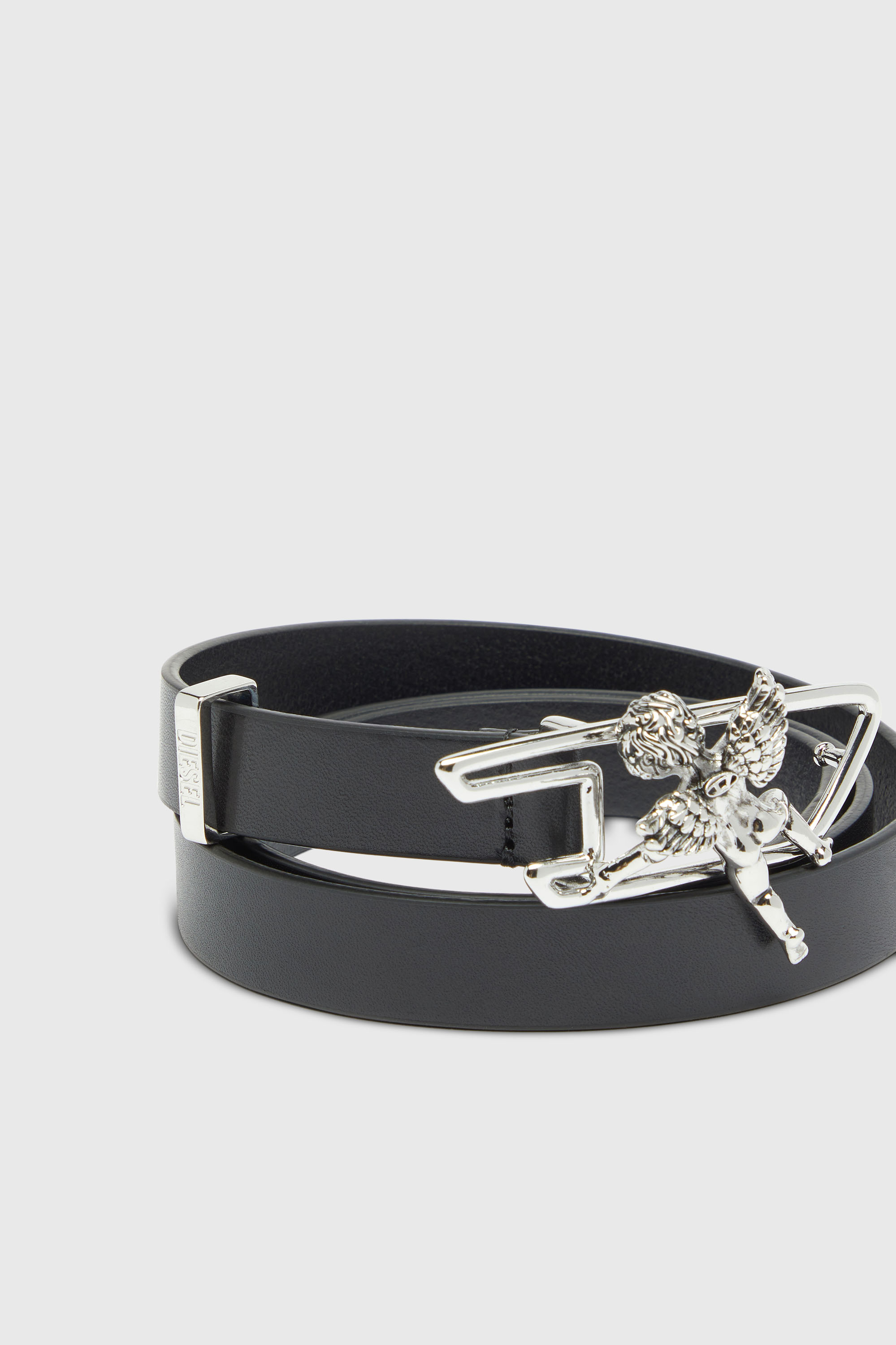 Diesel - B-D LINE W ANGEL 20, Woman's 2cm leather belt with cherub D outline buckle in Black - 3