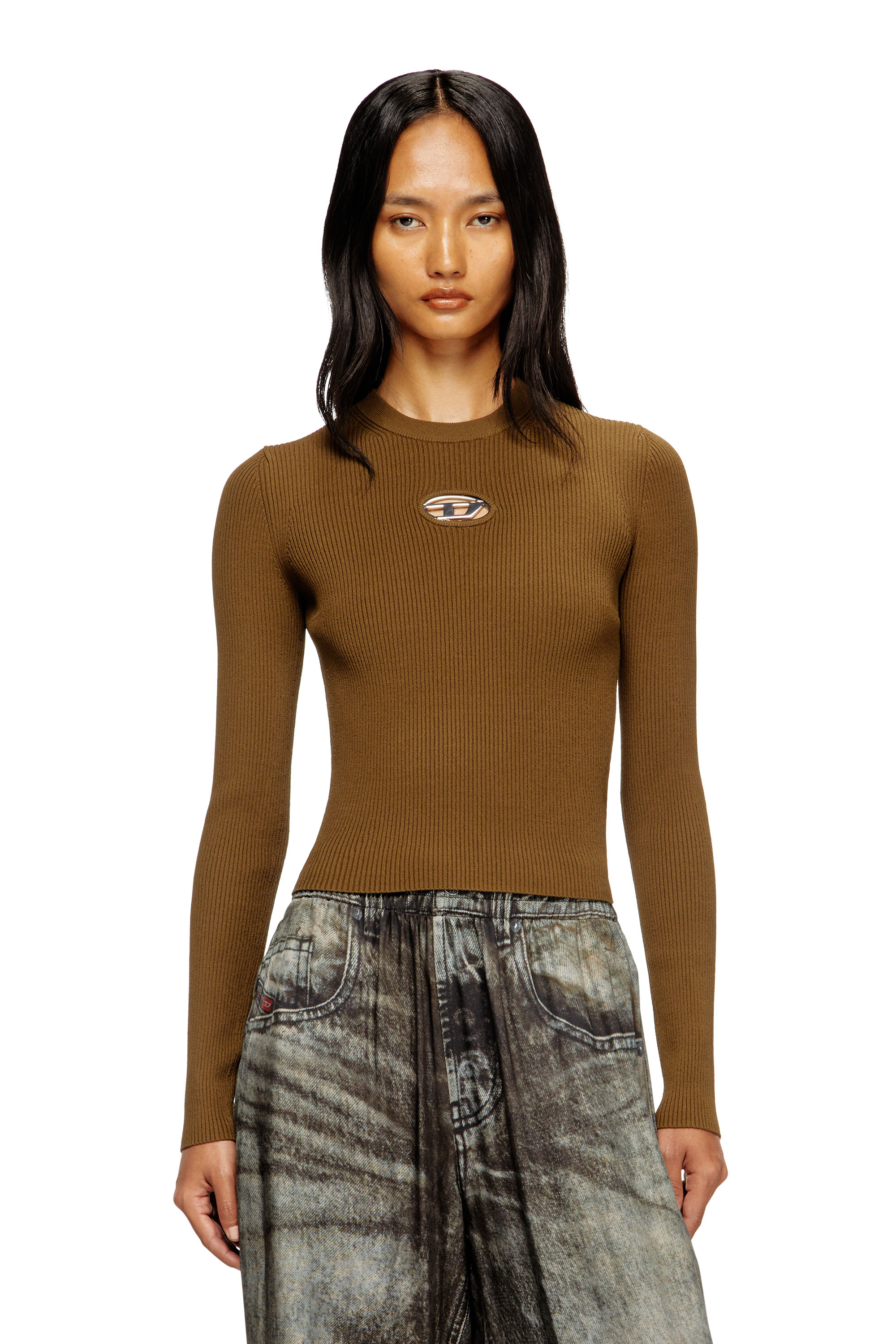Diesel - M-VALARI, Female's Rib-knit viscose-blend top with Oval D in Brown - 3