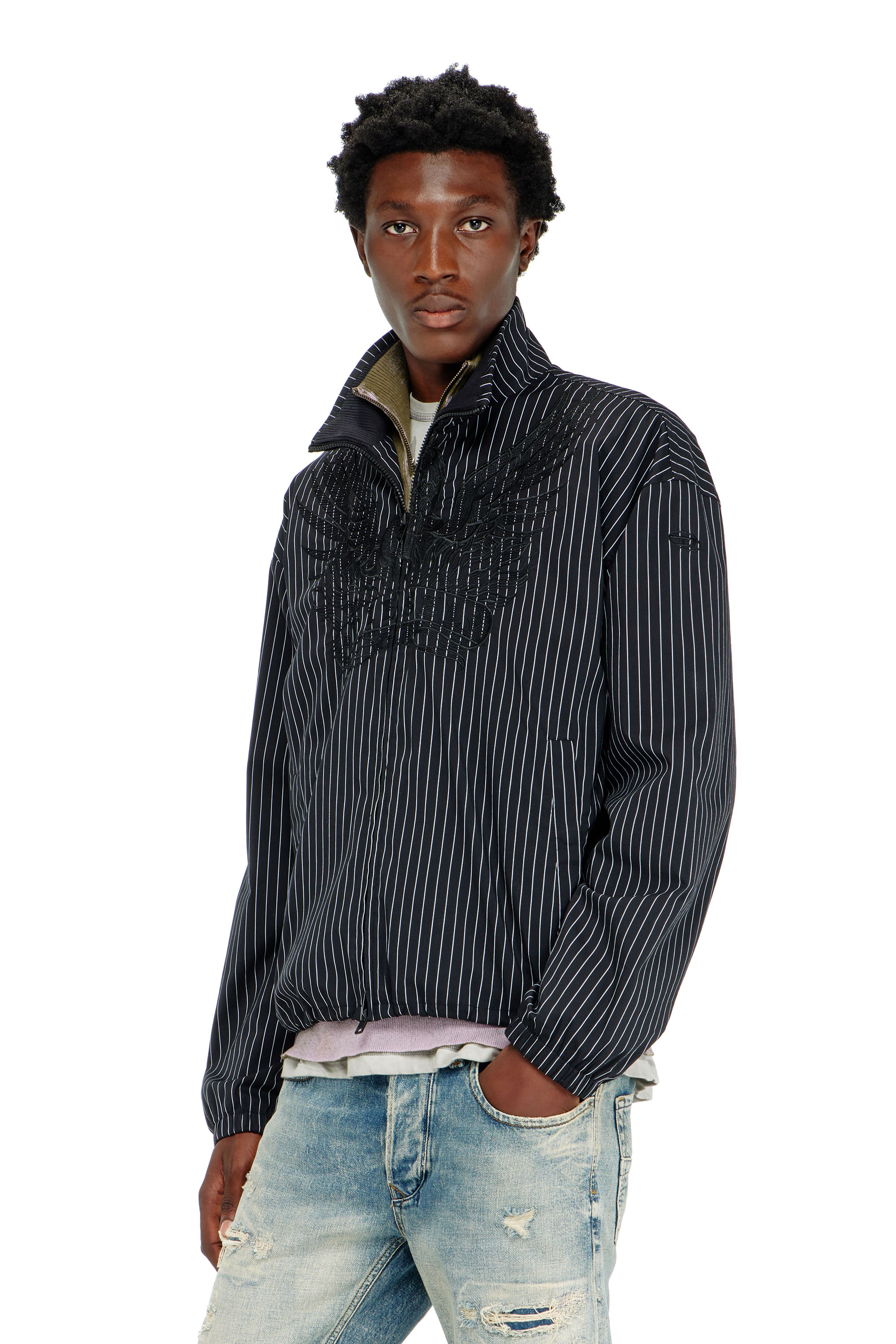 Diesel - J-CORSAR-NJCA, Veste en nylon &agrave; rayures avec broderie Phoenix Homme in Noir - 3