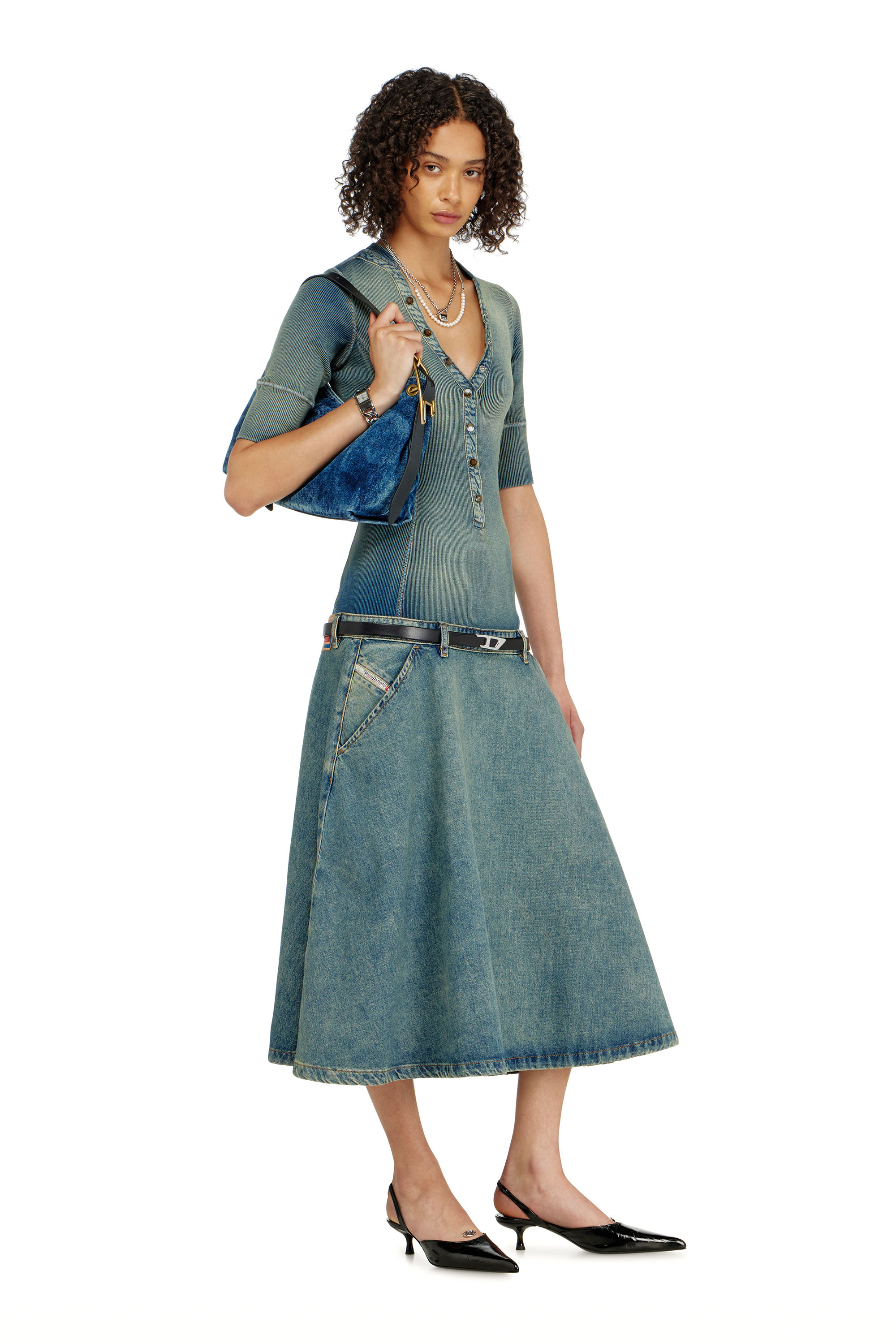 Diesel - DE-ANIM-S, Female's Drop-waist midi dress in knit and denim in null - 1