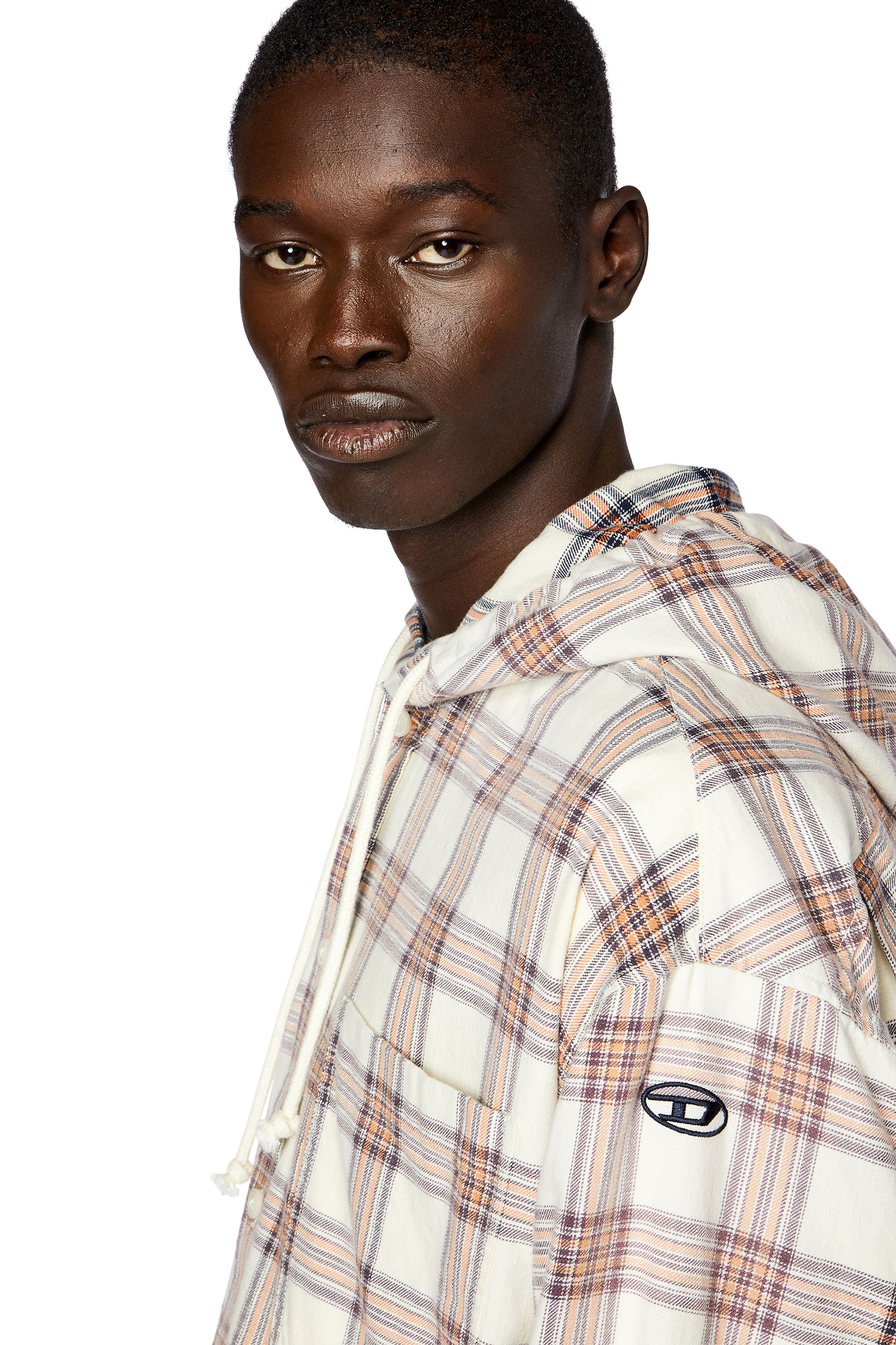 Diesel - S-DEWNY-HOOD, Man's Hooded overshirt in check cotton flannel in Orange/White - 4