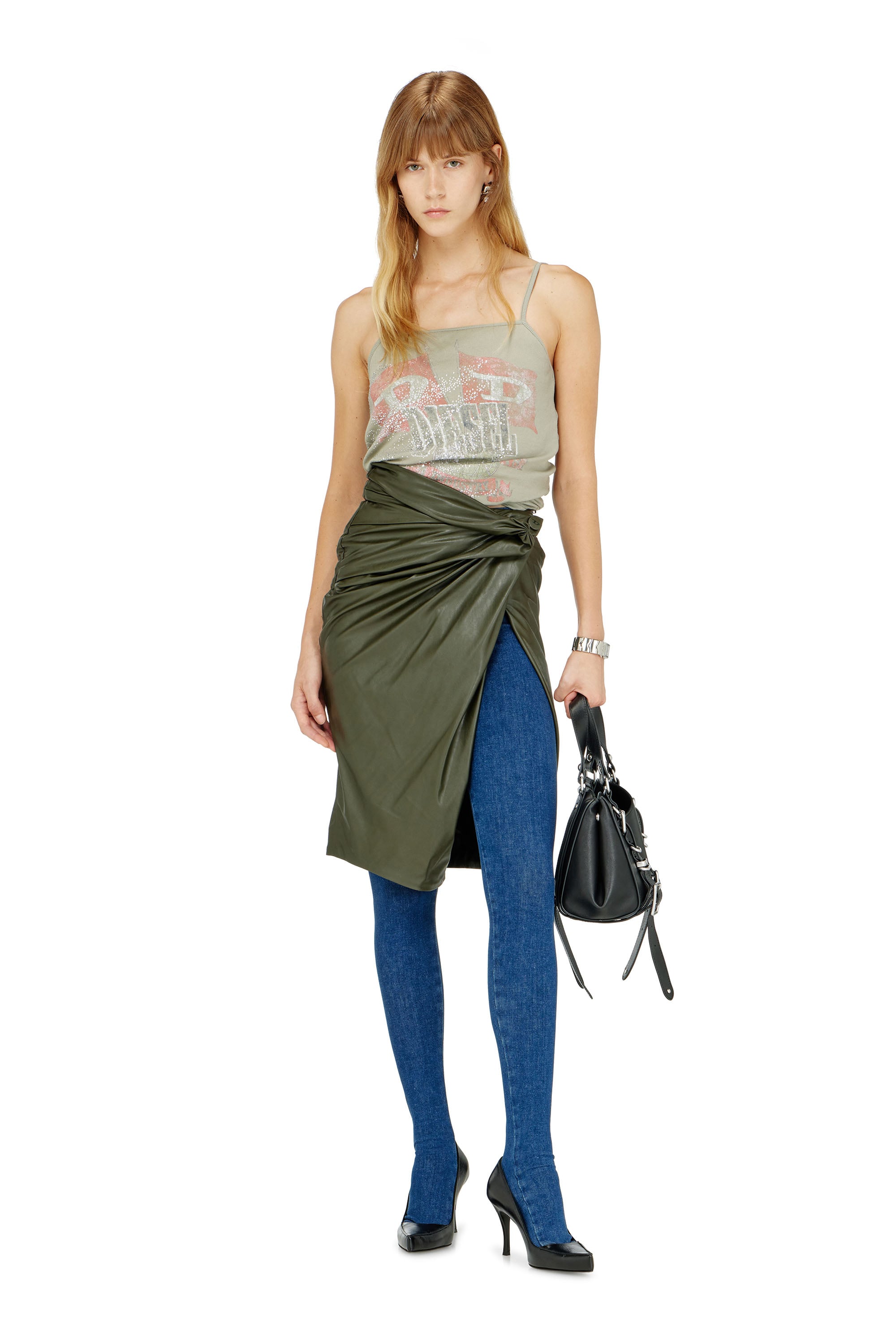 Diesel - O-DASLI, Woman's Draped pencil skirt with split in Green - 2