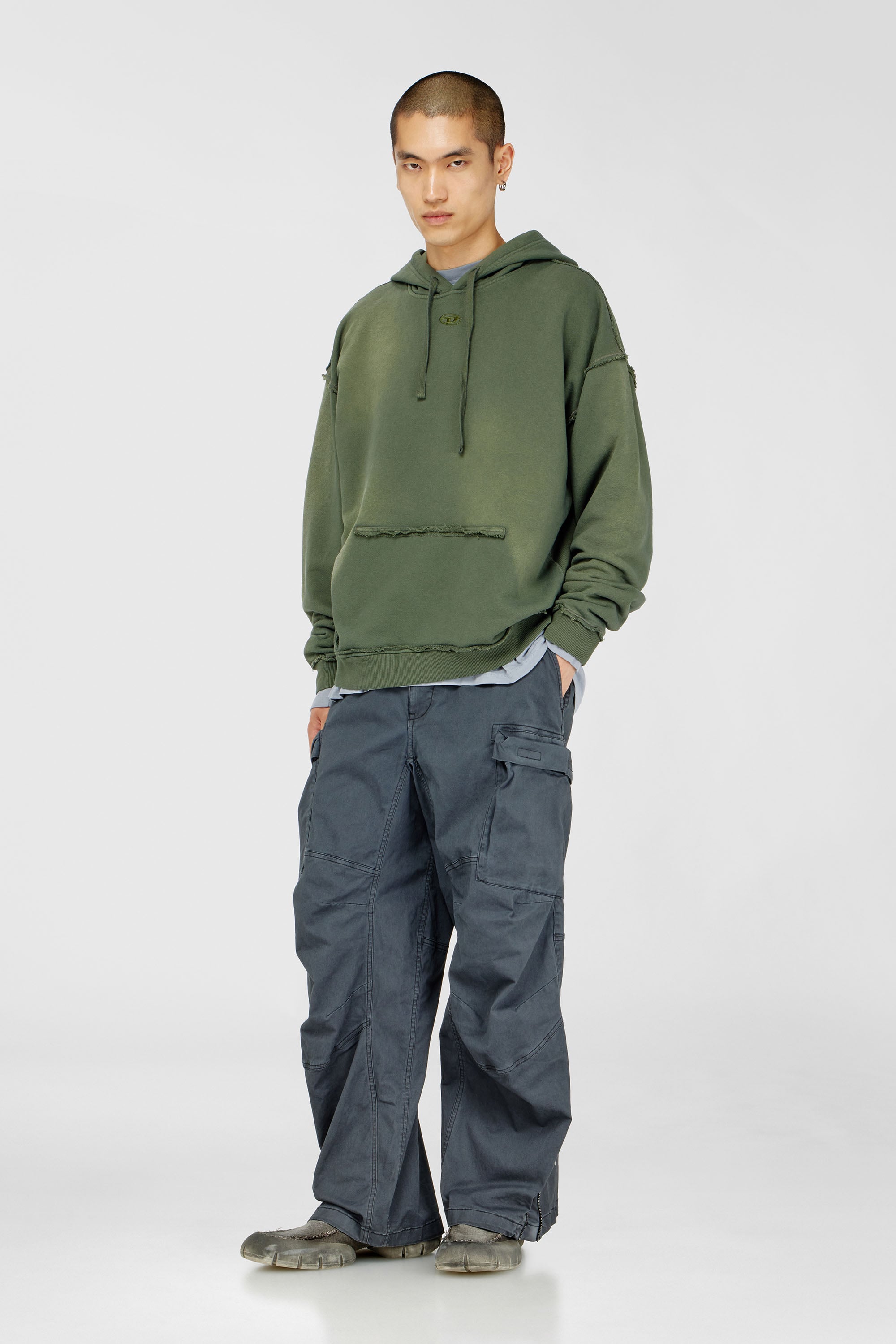 Diesel - S-POCK-HOOD, Male's Faded cotton hoodie with frayed details in Military Green - 2