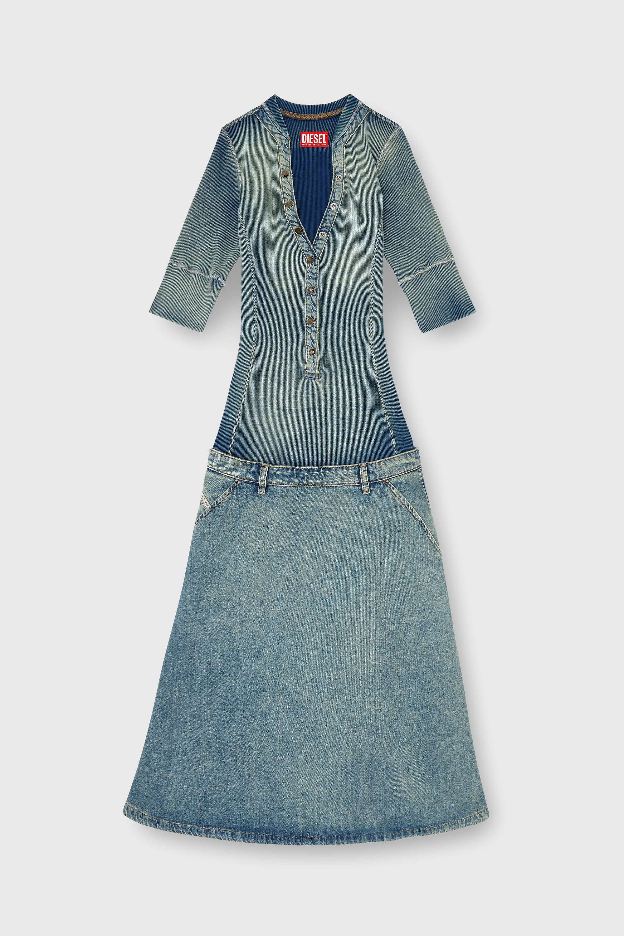 Diesel - DE-ANIM-S, Vestido midi de punto y denim con cintura baja Mujer in Azul marino - 2