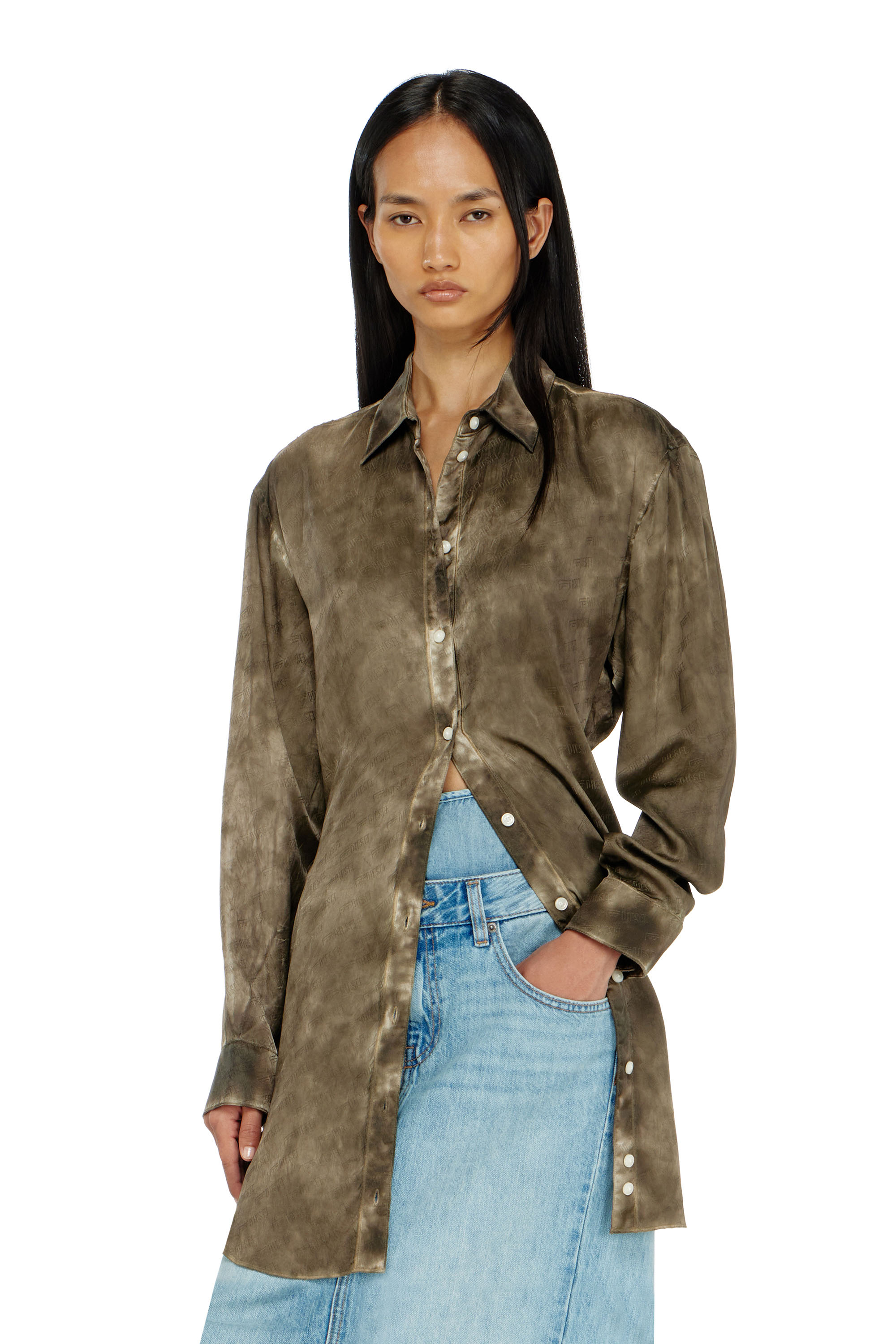 Diesel - C-LAVEL, Woman's Long shirt in logo-jacquard crinkled satin in null - 2
